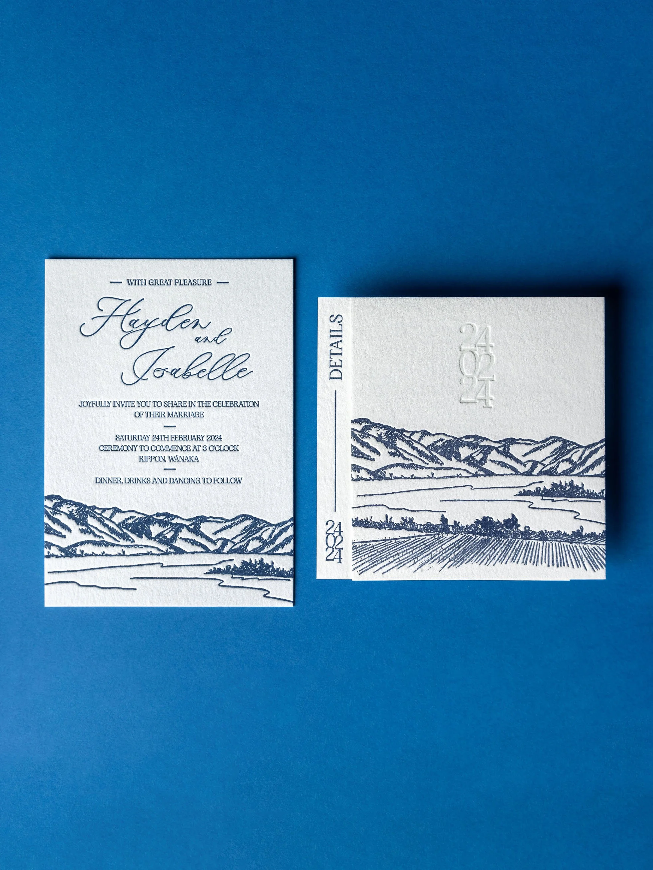 Letterpress wedding invitation and details card featuring a hand-drawn illustration of the view from Rippon in Wānaka.
