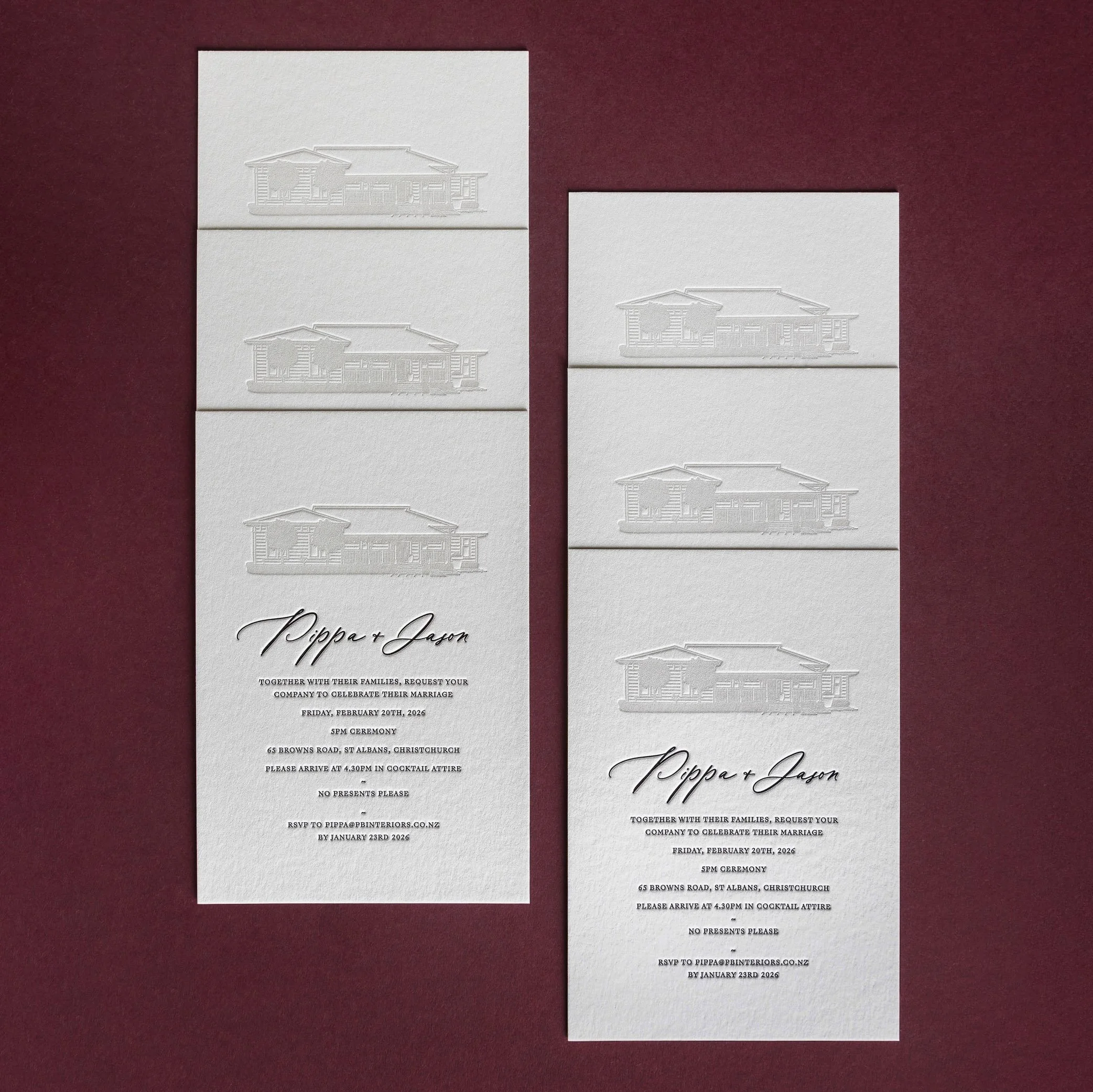 Letterpress wedding invitations featuring a blind debossed architectural illustration of the couple's home above elegant typography.