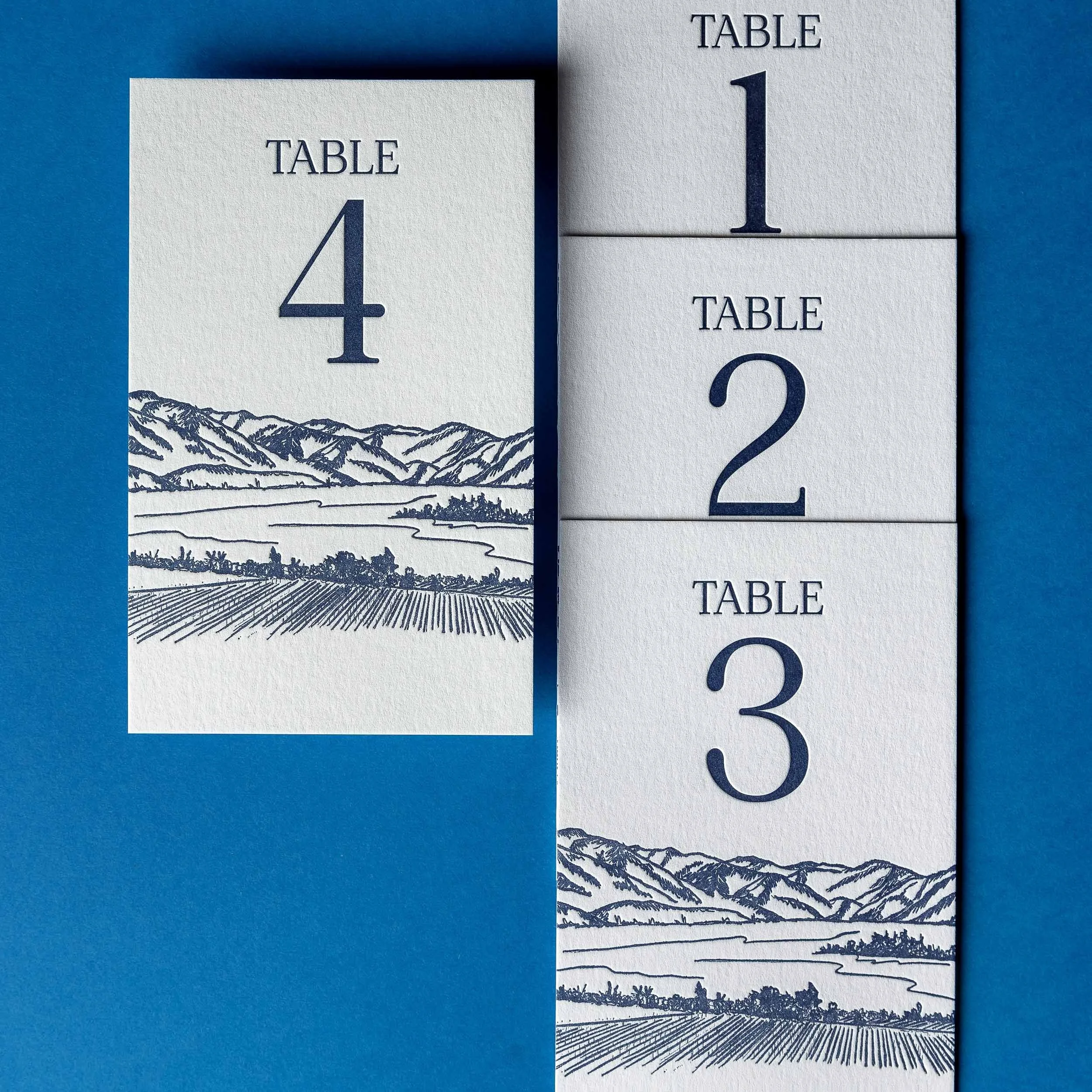 Letterpress wedding table numbers featuring a hand-drawn landscape illustration inspired by Rippon in Wānaka.