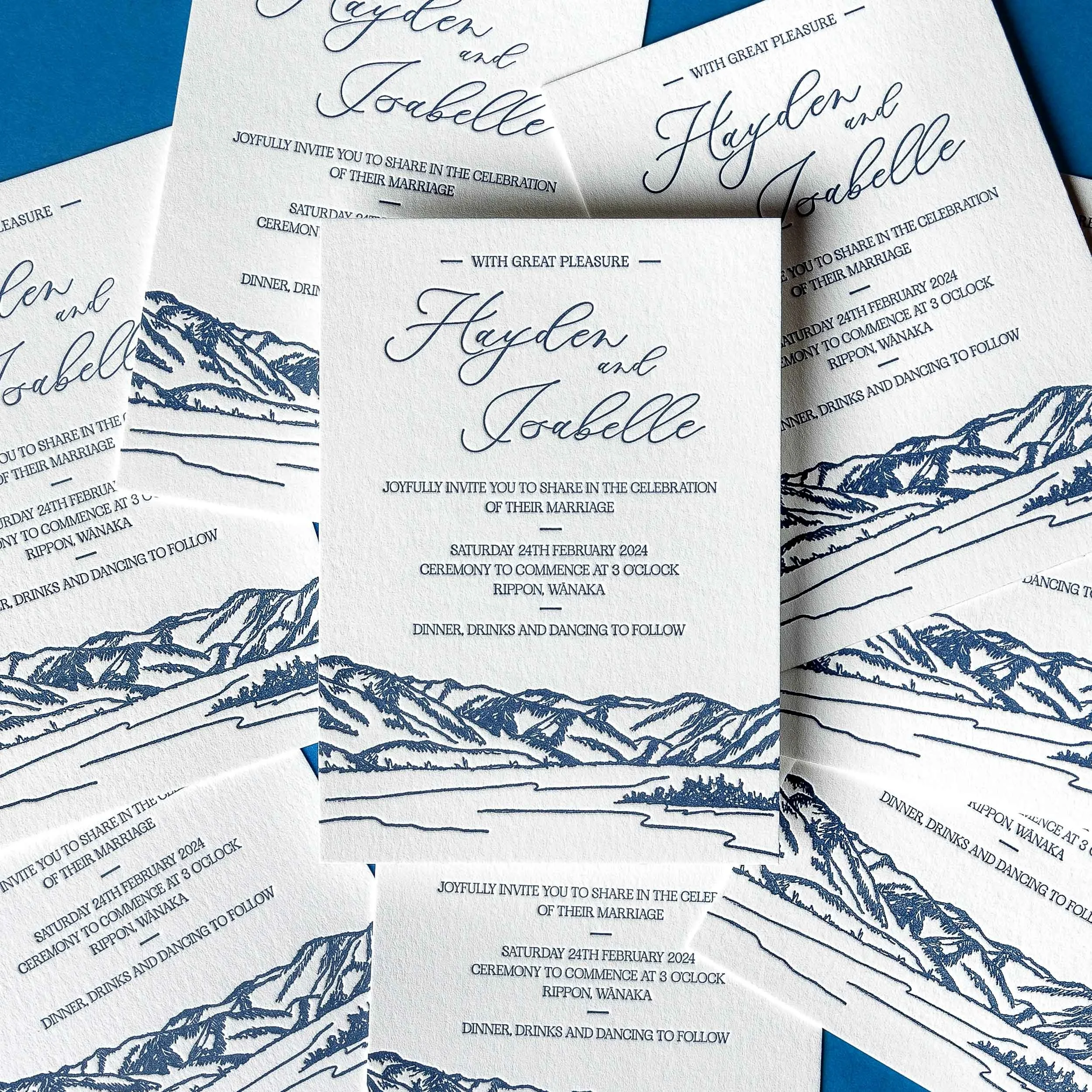 Letterpress wedding invitation featuring a hand-drawn landscape illustration inspired by Rippon in Wānaka.