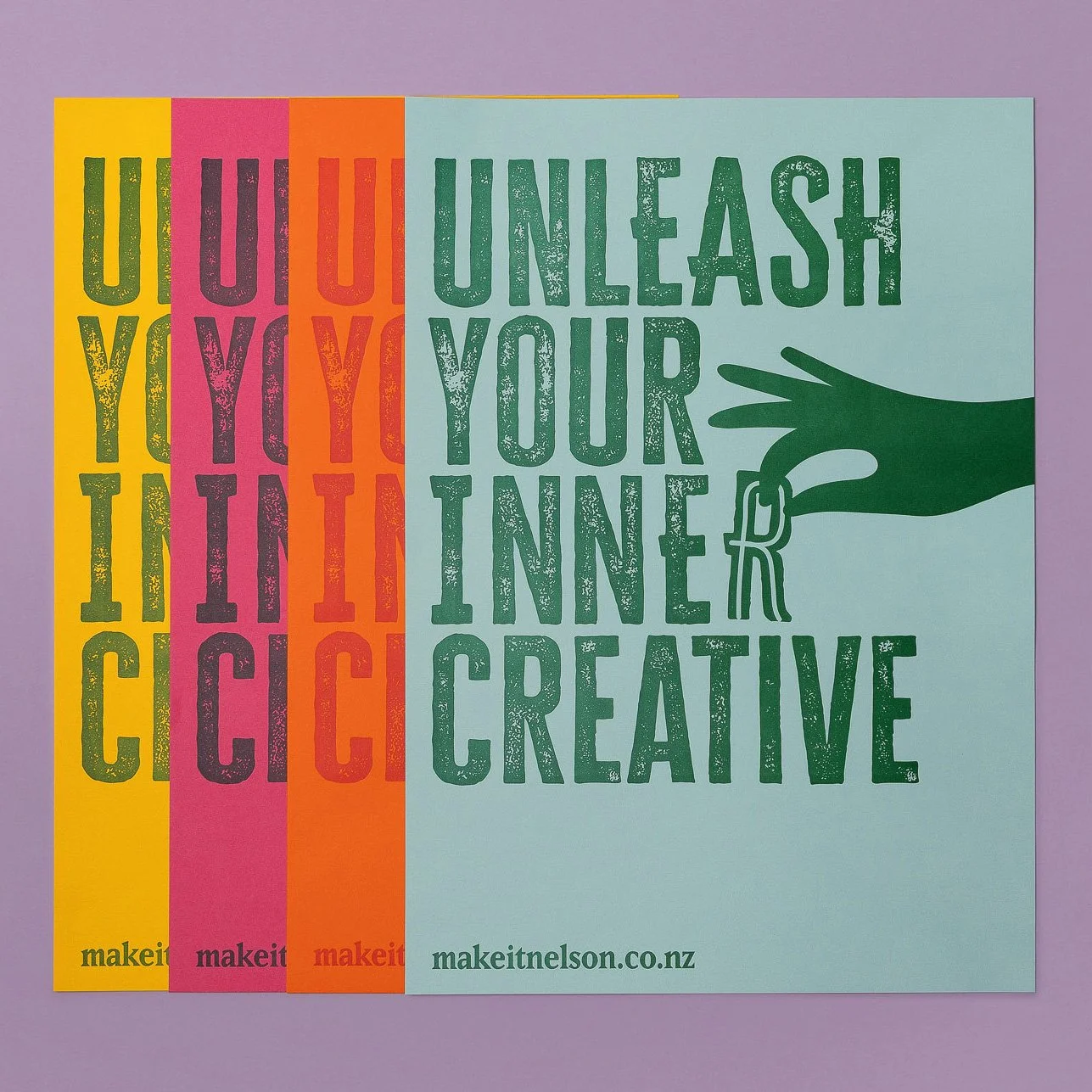 Make It Nelson posters printed in deep green letterpress ink on yellow, pink, orange and pale blue card.