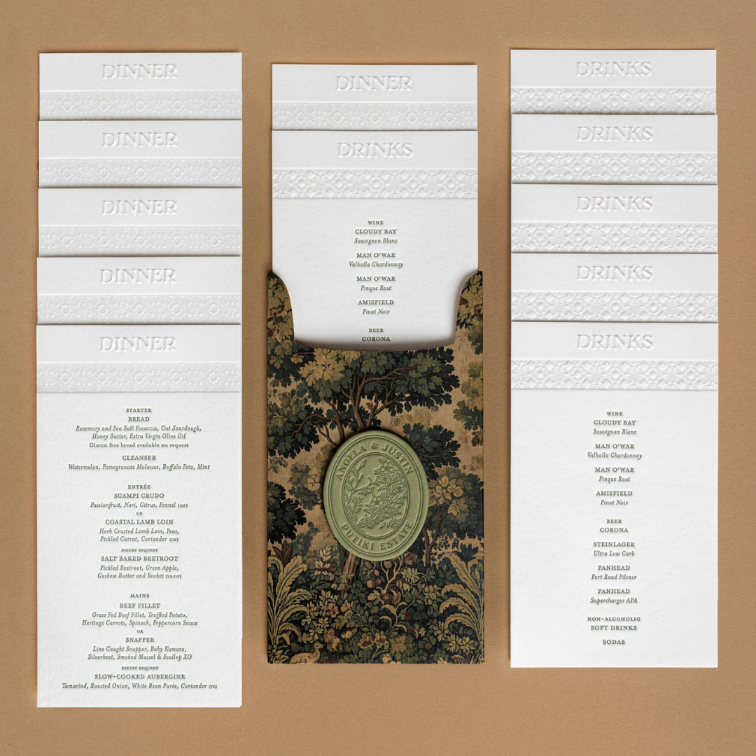 Dinner and drinks wedding menus with embossed headings, Putiki Estate tile pattern, tapestry artwork enclosure and custom wedding crest.