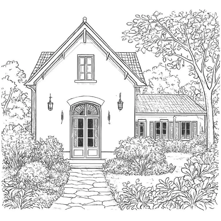 Lijntekening van een huis met een tuin, een oprijlaan en bomen.