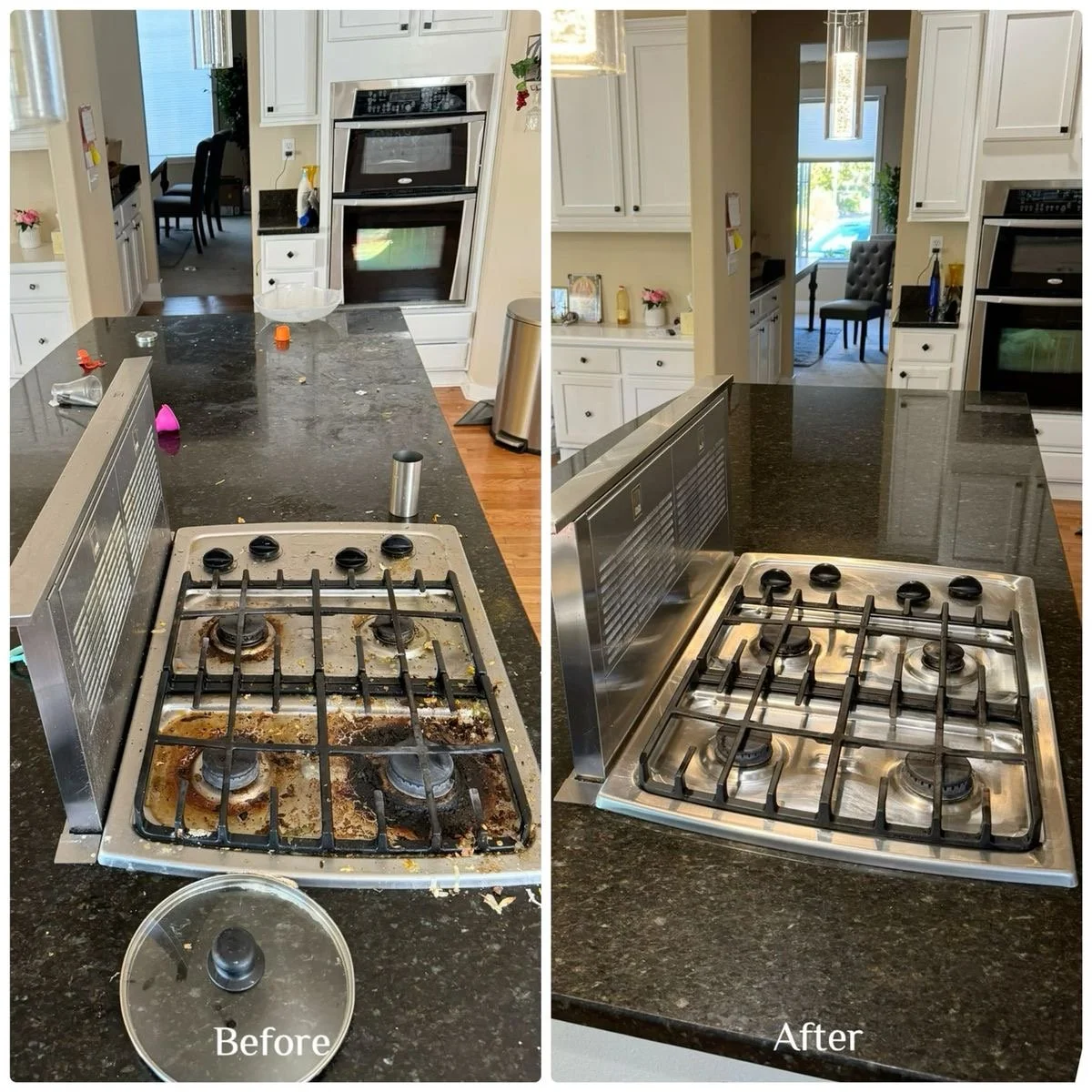 Comparison of a dirty, stained stovetop before cleaning and a spotless, stainless steel stovetop after cleaning in a kitchen.