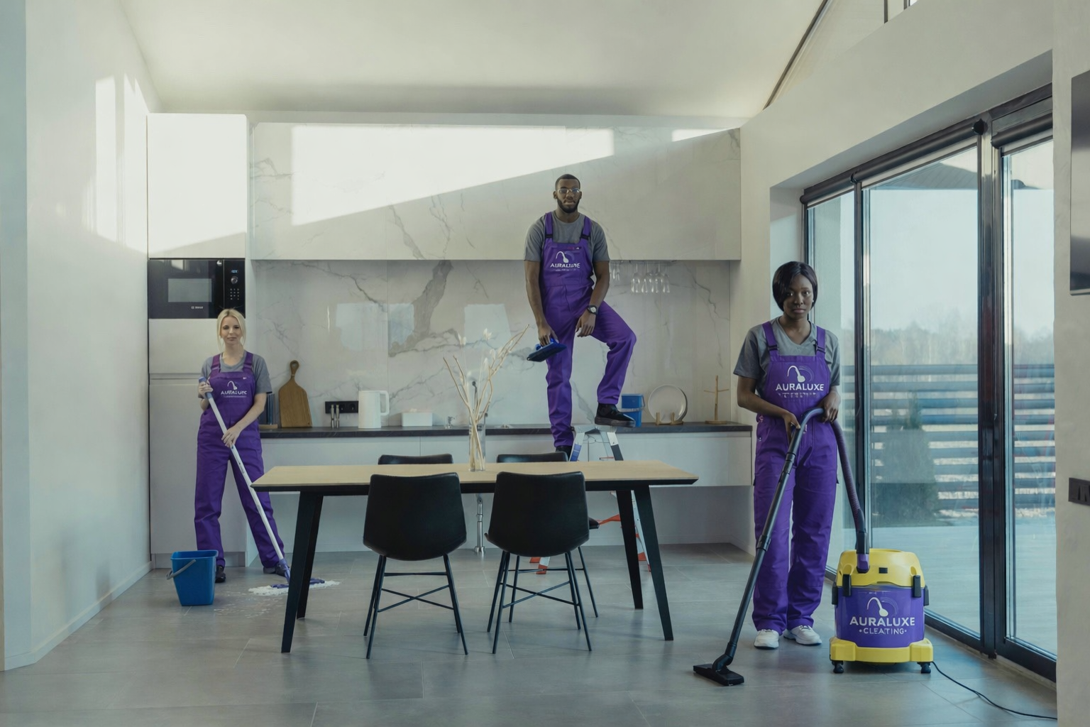 Three professional cleaners in purple uniforms cleaning a modern kitchen.