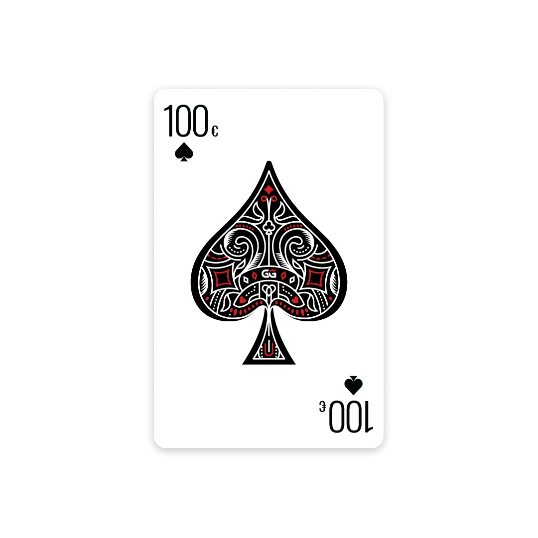 Karte met een gedetailleerde zwarte, rode en witte spade symboliek en de waarde 100 euro.
