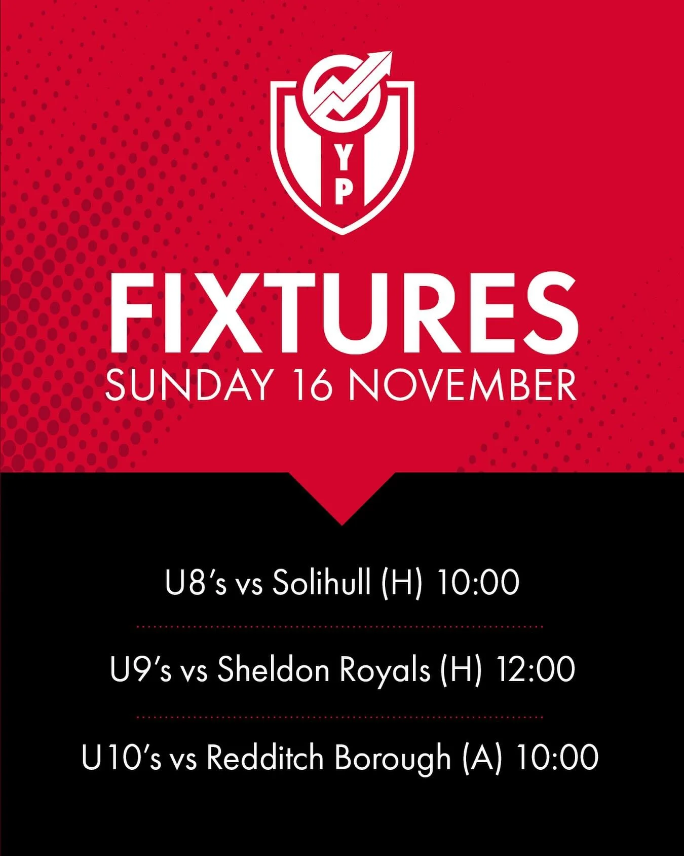 Next up for the YP boys 🔜

Some tough clashes this week 👊

Our under 8&rsquo;s host Solihull, whilst our under 9&rsquo;s play Sheldon Royals. Our under 10&rsquo;s make the long journey to Redditch Borough 📈

#YPFC