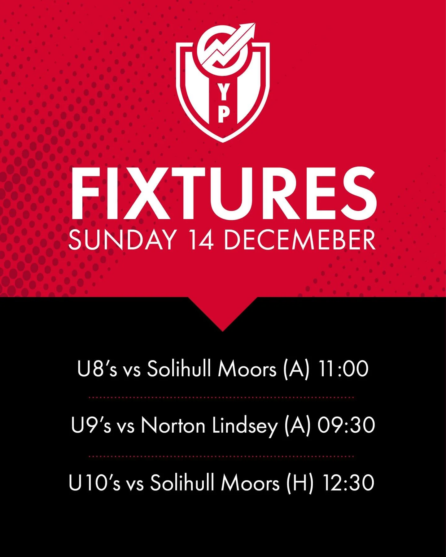 3 big games this weekend in the penultimate weekend before Christmas 🎄

3 fresh challenges for our teams to face as well 🤝

Our under 8&rsquo;s travel to Solihull Moors, whilst our under 9&rsquo;s go to Norton Lindsey. Our under 10&rsquo;s host Sol
