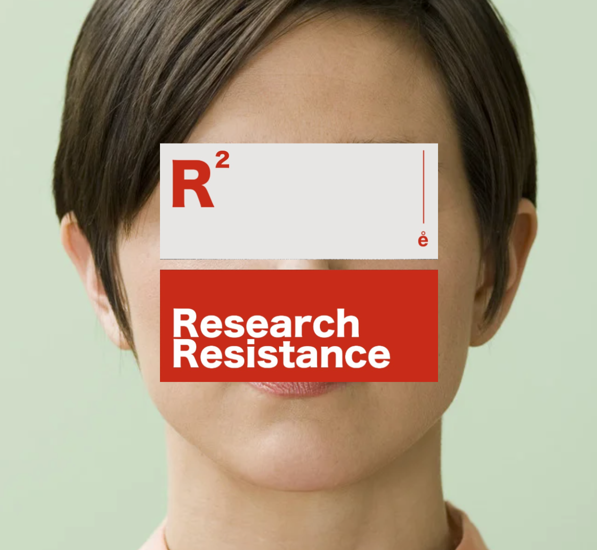 Rostro parcial de una persona con texto "Research Resistance" en diseño gráfico encima.