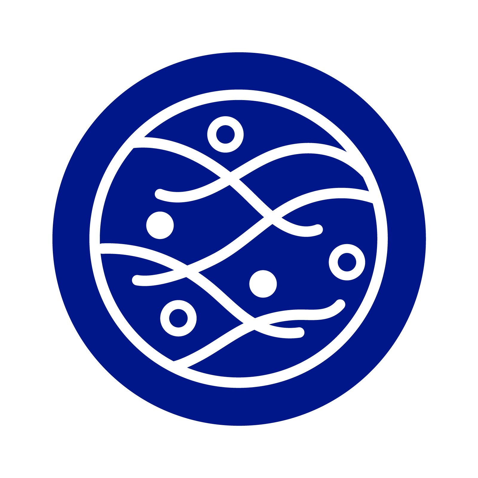 Blue circular icon with white lines and dots representing networking or connectivity.