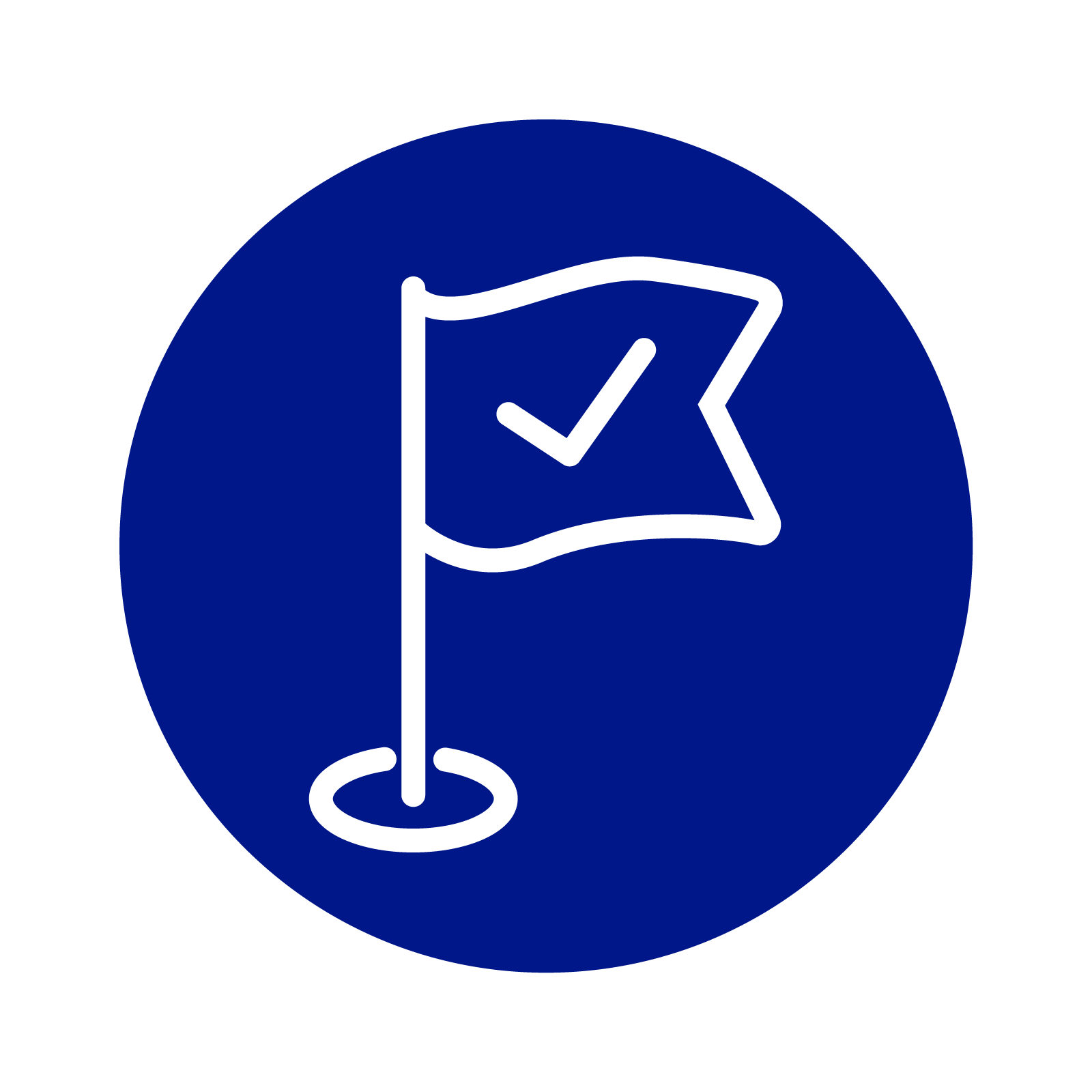 Flag with a checkmark on it inside a blue circle.