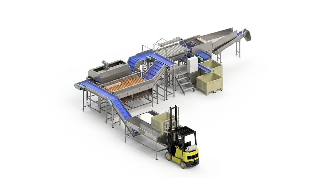 Fábrica automatizada com linha de produção de alimentos, incluindo esteira, máquina de embalagem e empilhadeira