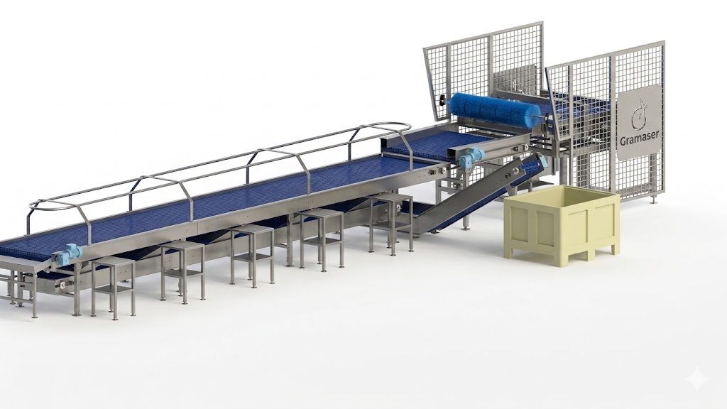 Máquina de processamento de grãos com uma esteira transportadora, bandejas de coleta, e uma cerca de proteção, marca Gramaseer.