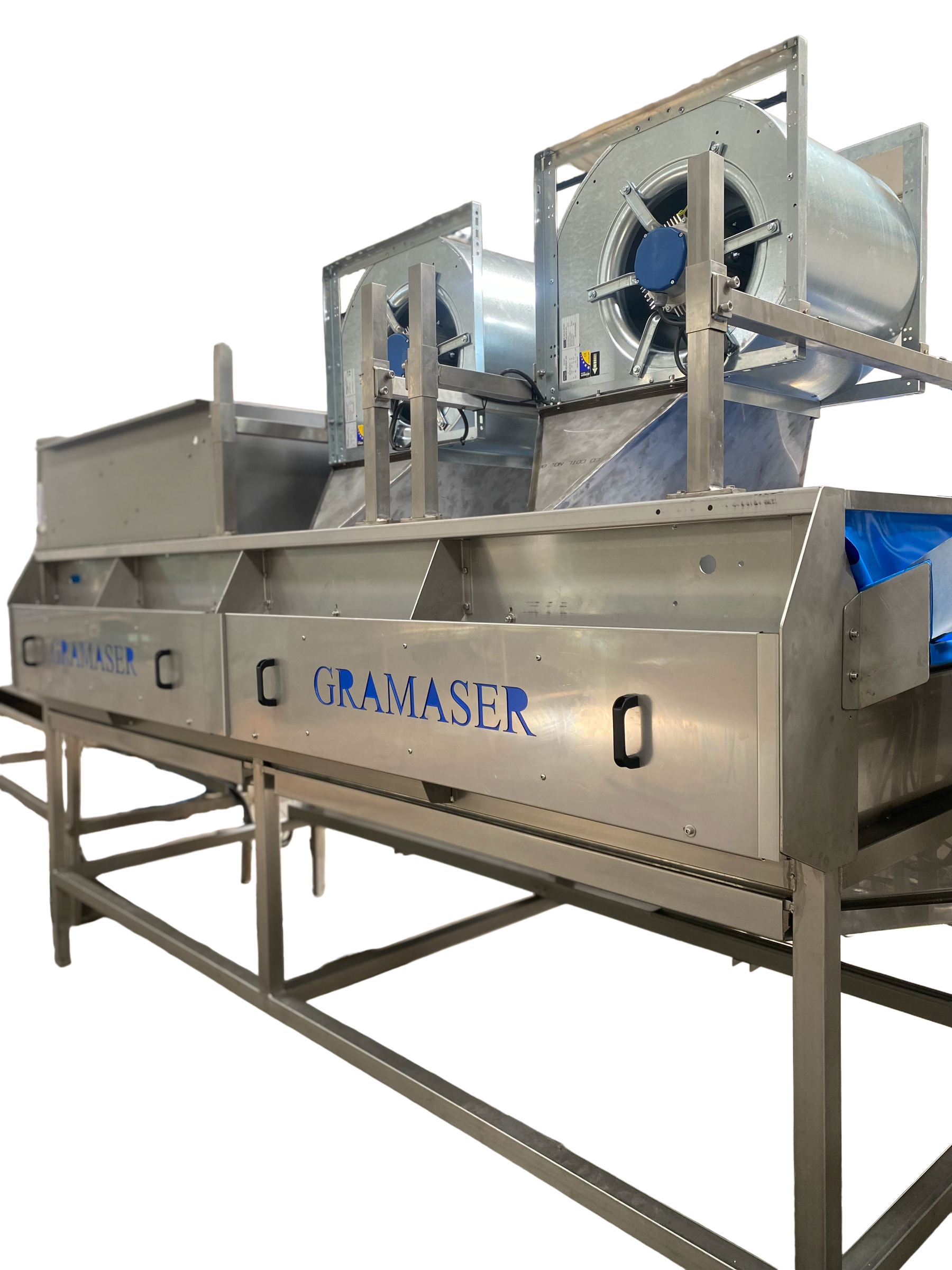 Equipamento industrial de processamento com marca 'GRAMASER' feito de metal, com componentes mecânicos e estrutura de suporte.