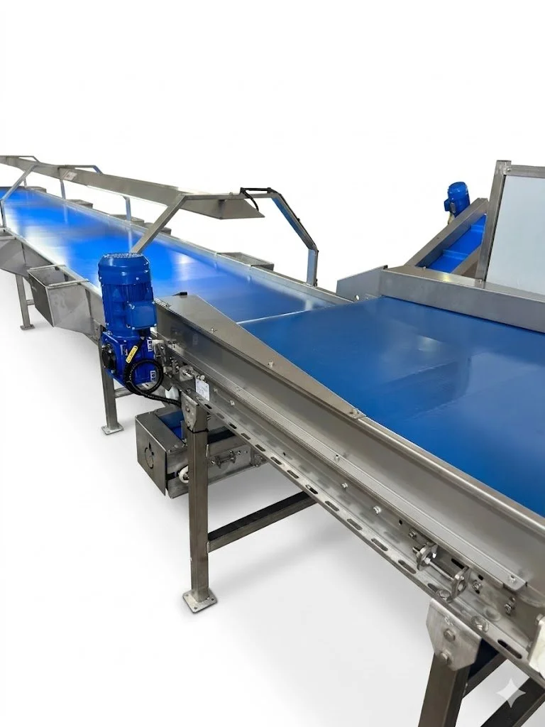 Imagem de uma esteira transportadora industrial de aço inox com partes azuis, usada para movimentar alimentos ou produtos em uma fábrica.