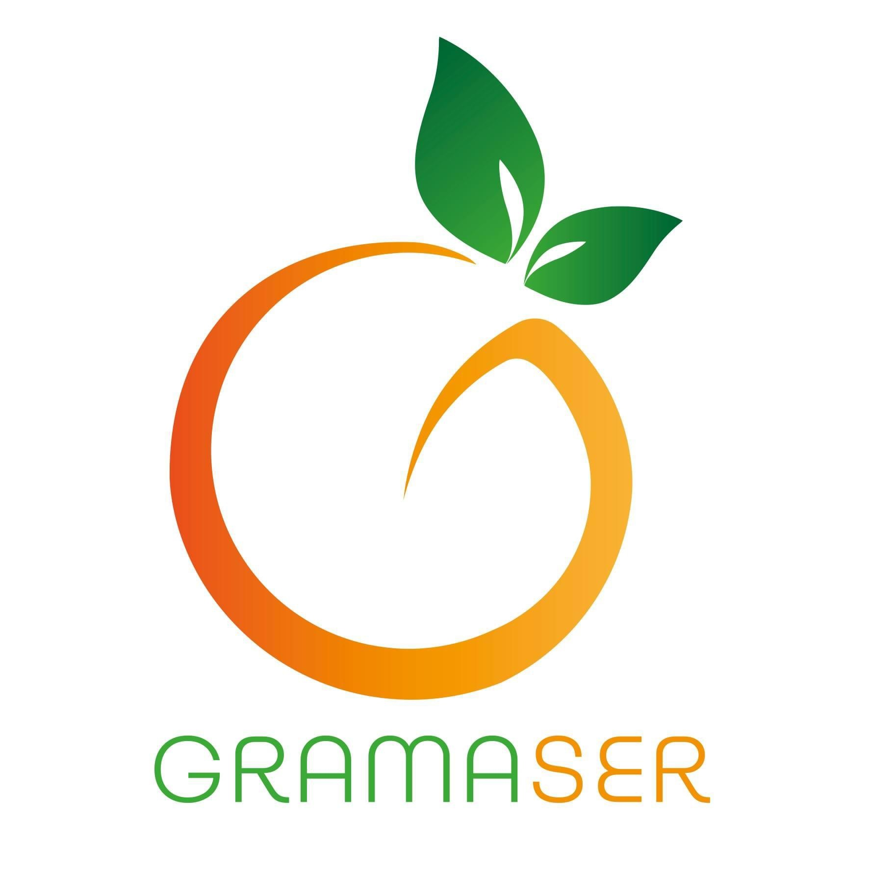 Logotipo de uma maçã estilizada com um toque de verde e laranja, e o texto 'GRA MASER' em cores verde e laranja, sugerindo um foco em produtos naturais ou saudáveis.