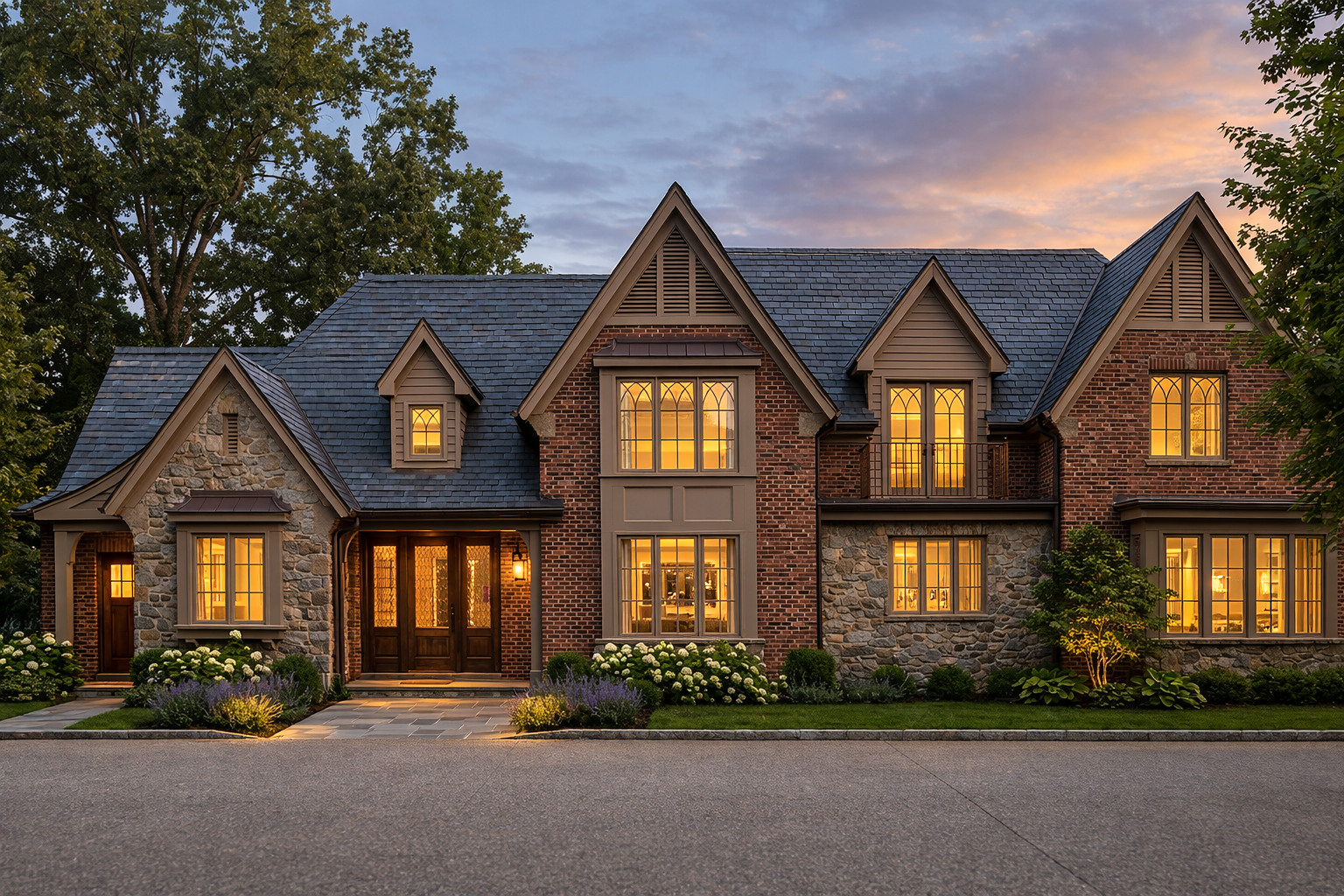 A large house with stone and brick exterior, illuminated windows, surrounded by landscaping, at sunset.