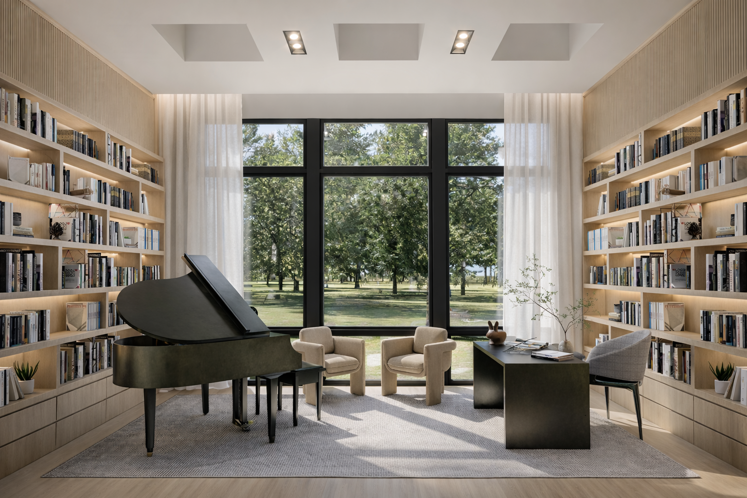 Modern library room with large window overlooking outdoor trees, featuring a grand black piano, two armchairs, a desk with books and decor, and built-in wooden bookshelves.