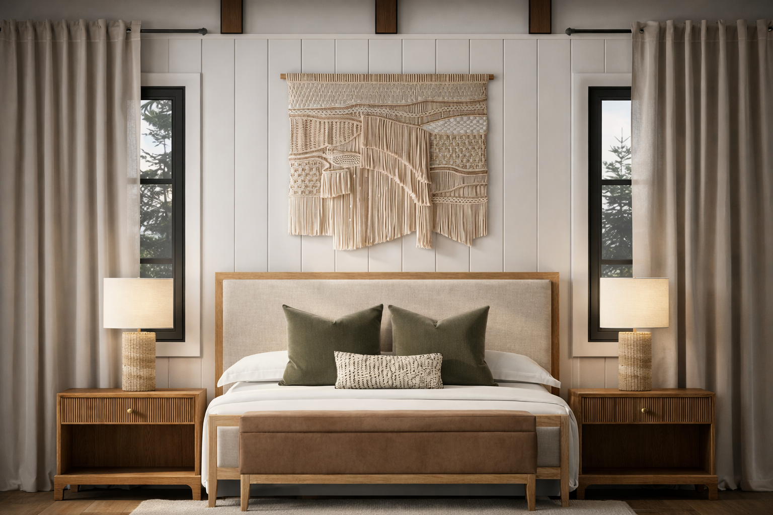 A bedroom with a bed that has a beige upholstered headboard, two wooden nightstands with lamps, and pillows in different shades of green. Behind the bed, a textile wall hanging features intricate patterns in neutral tones, and two narrow windows with black frames are on either side, with beige curtains and trees visible outside.