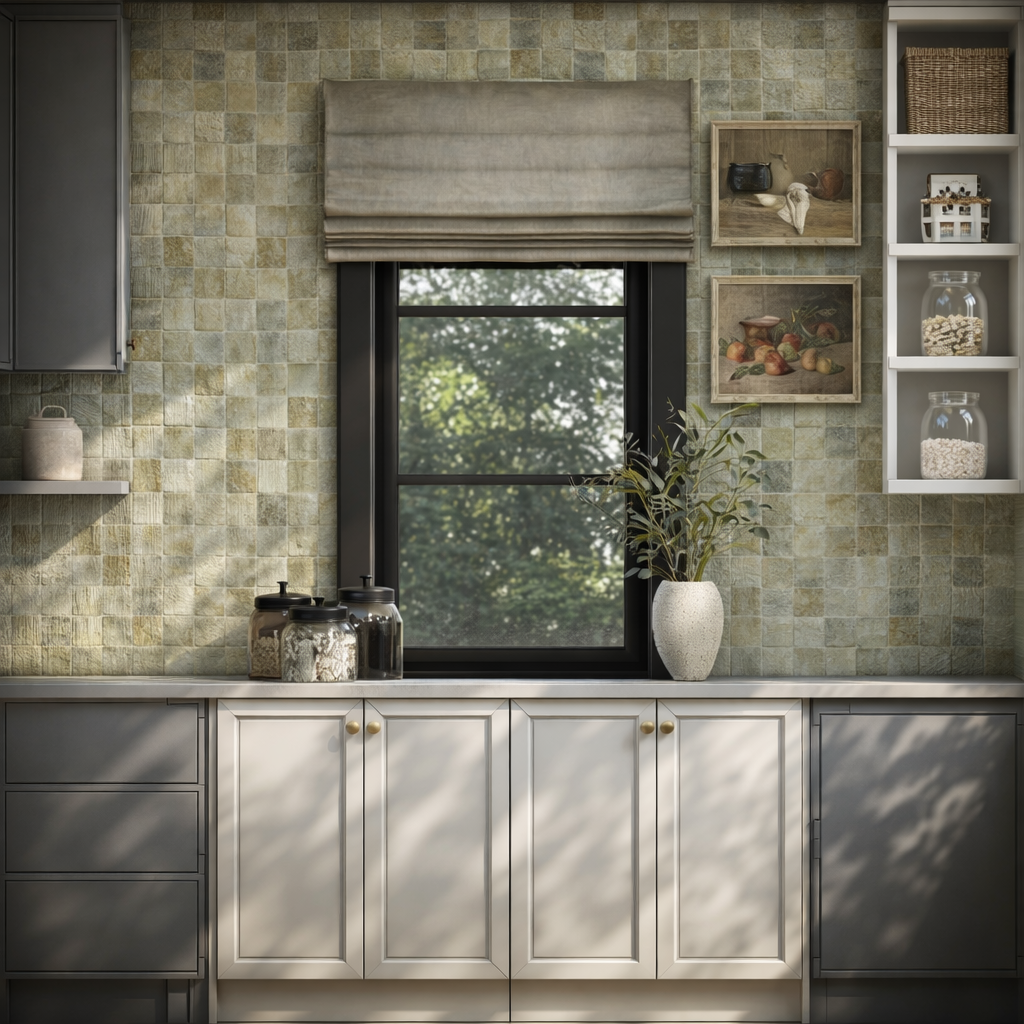 A kitchen window with a beige Roman shade, a white vase with greenery, and framed still life artwork, with kitchen cabinetry and jars on the counter.