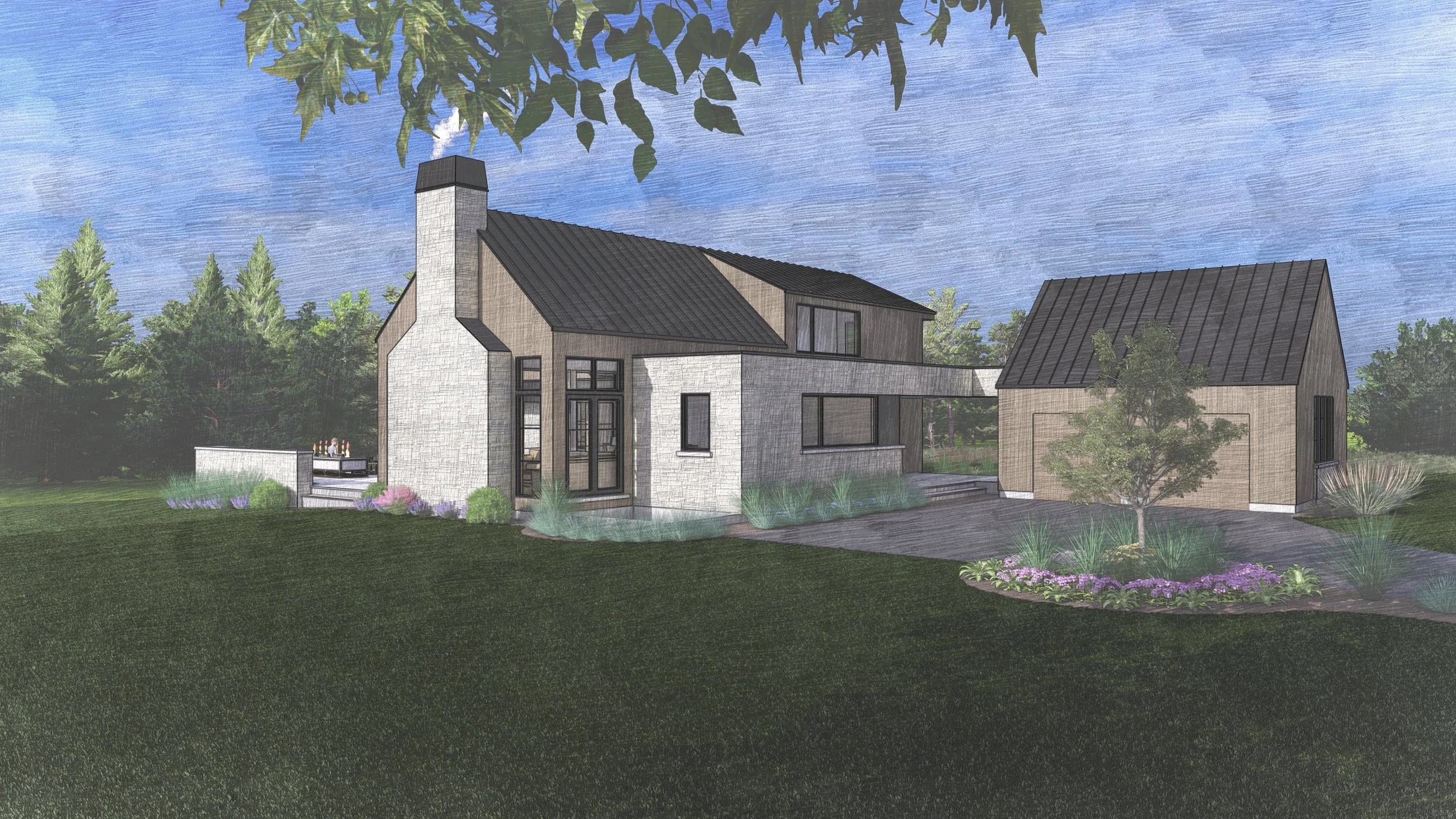 A modern two-story house with a combination of light and dark exterior materials, surrounded by landscaping including shrubs, a small tree, and a lawn, under a partly cloudy blue sky.