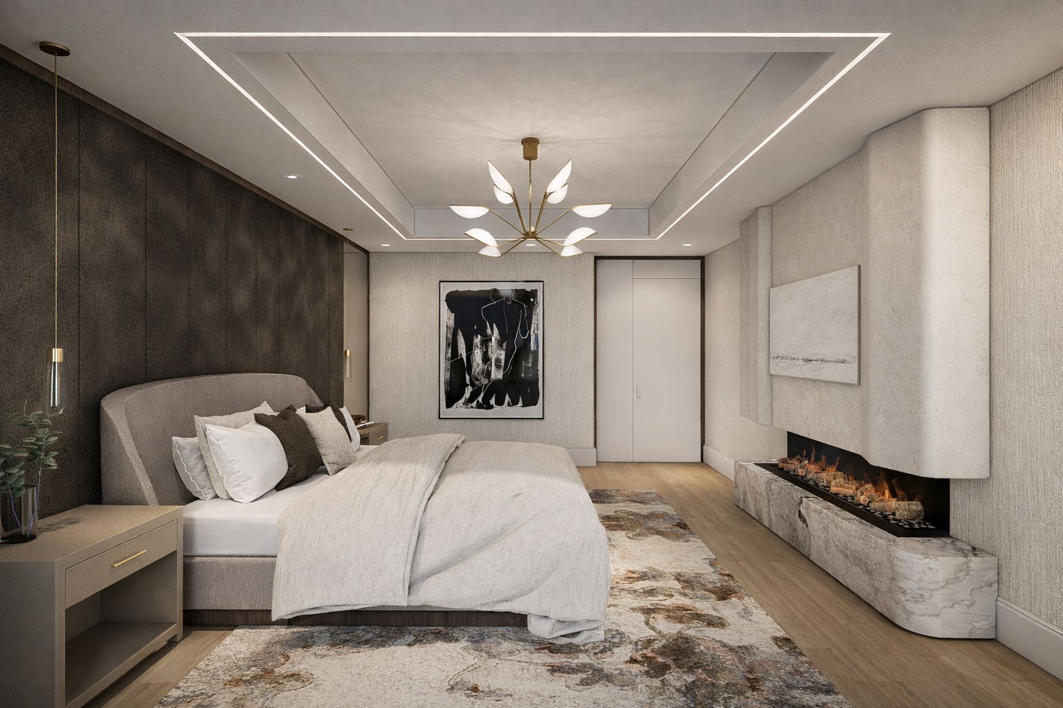 Modern bedroom with a large bed, abstract artwork on the wall, contemporary fireplace, and elegant lighting fixtures.