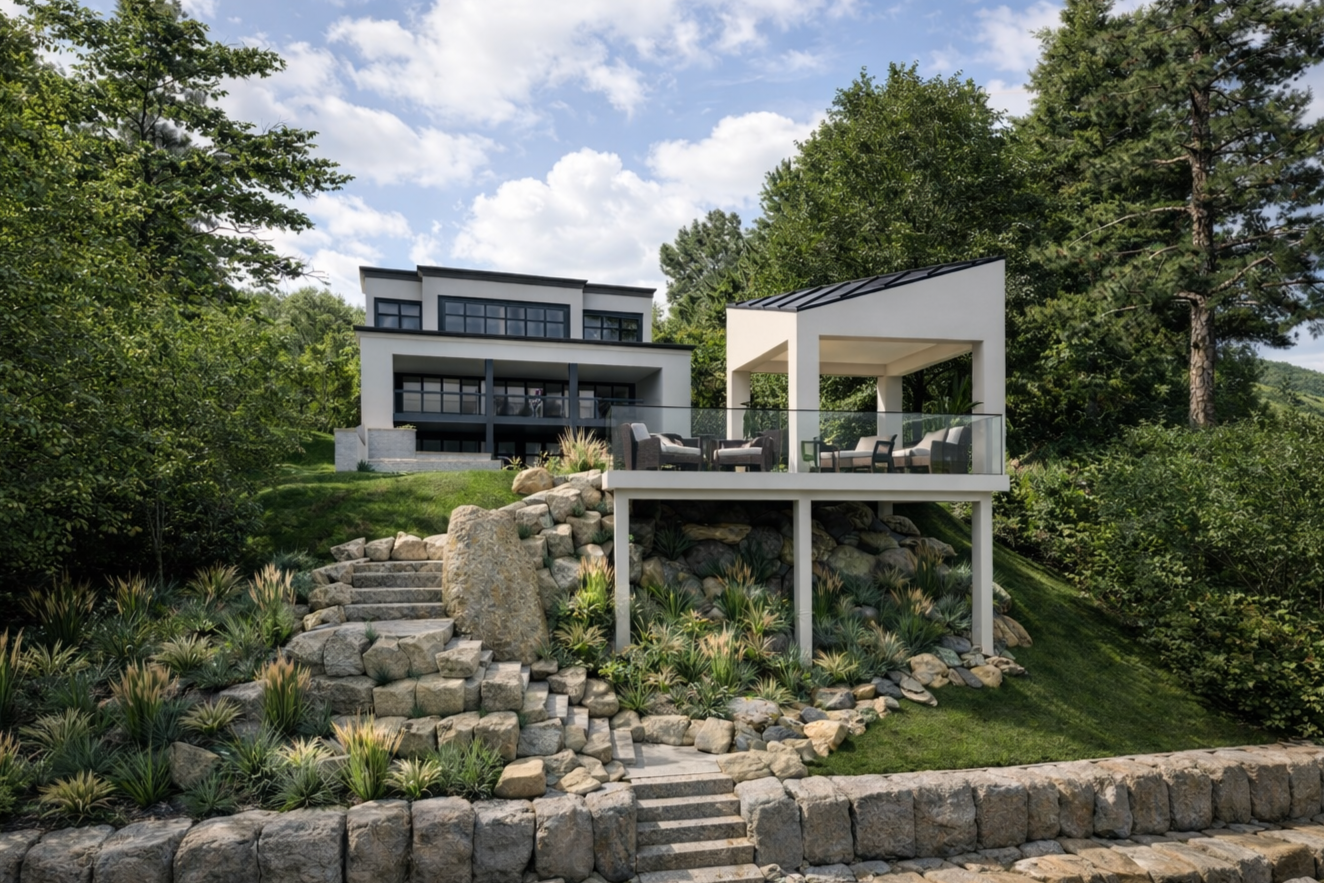 Modern house on a hillside with stone stairs leading up to a balcony with outdoor seating, surrounded by lush trees and landscaping.