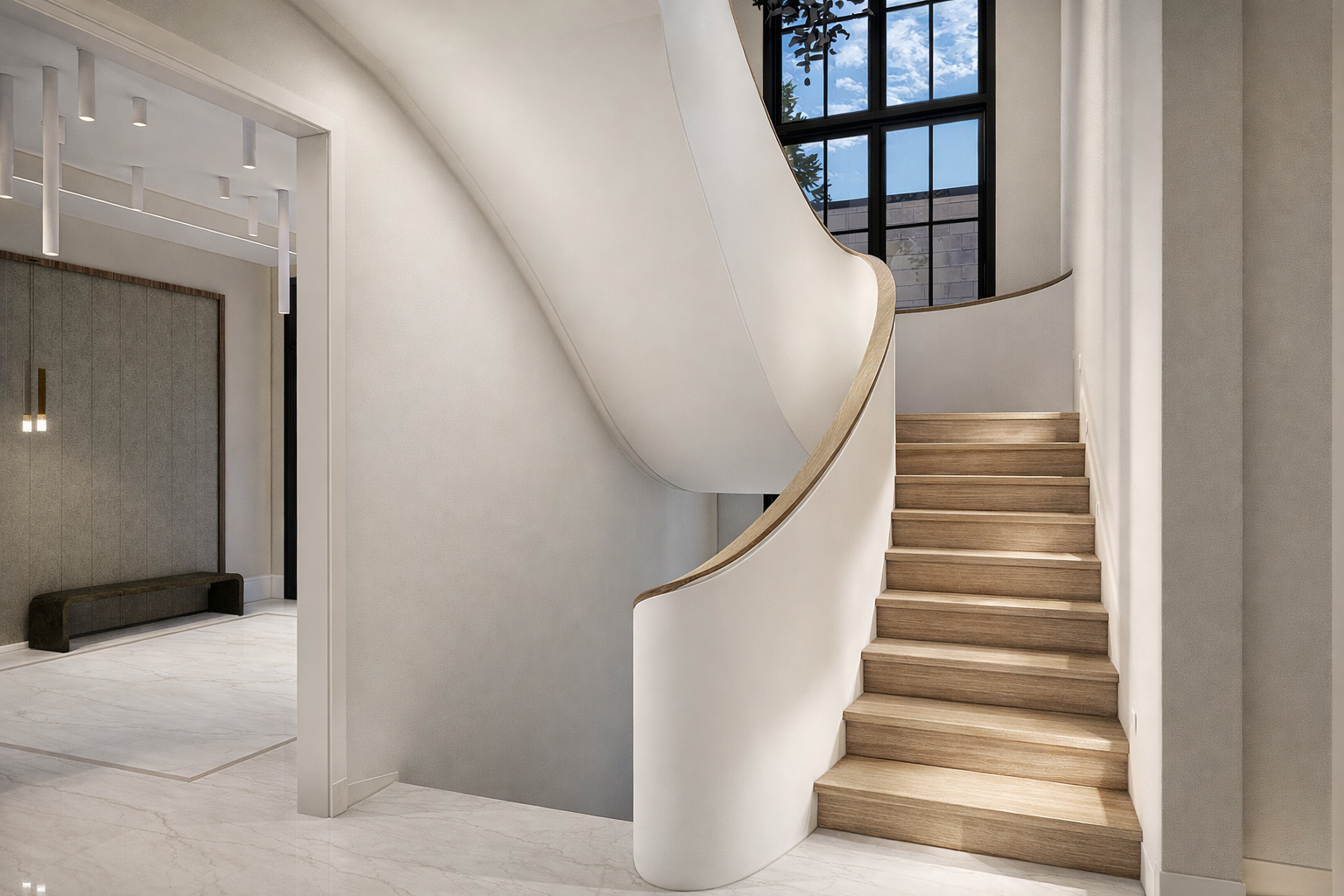 Modern interior staircase with light wooden steps and a curved white wall, large window with black framing, and marble flooring.