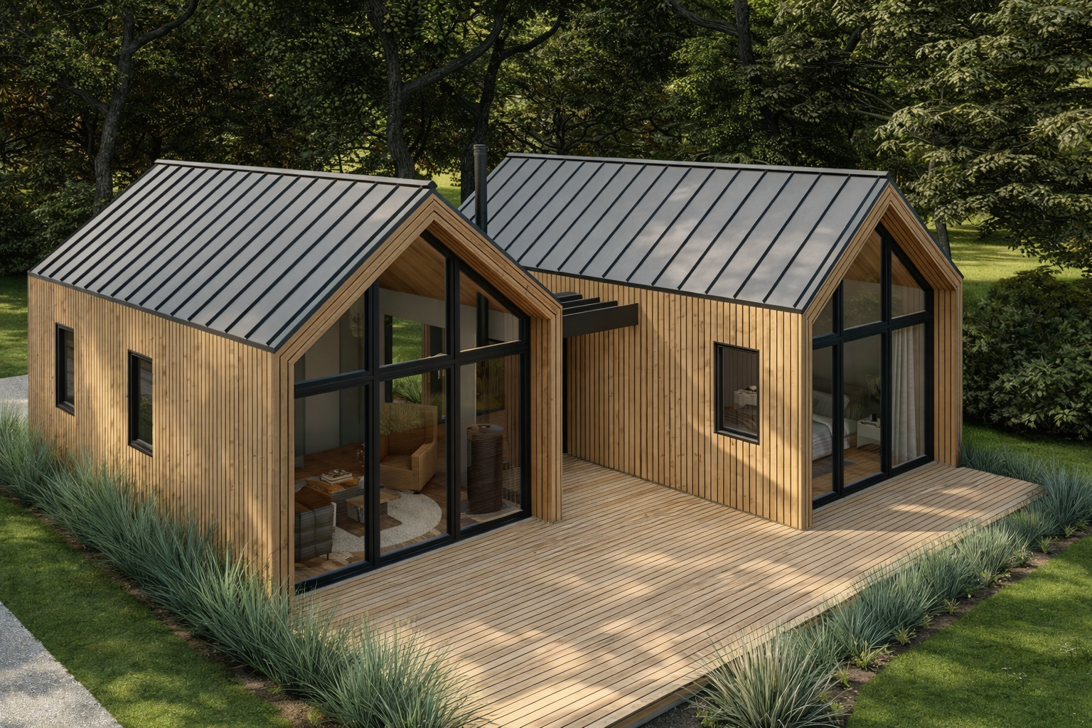 Modern two-story wooden house with large glass windows and metal roof, surrounded by greenery