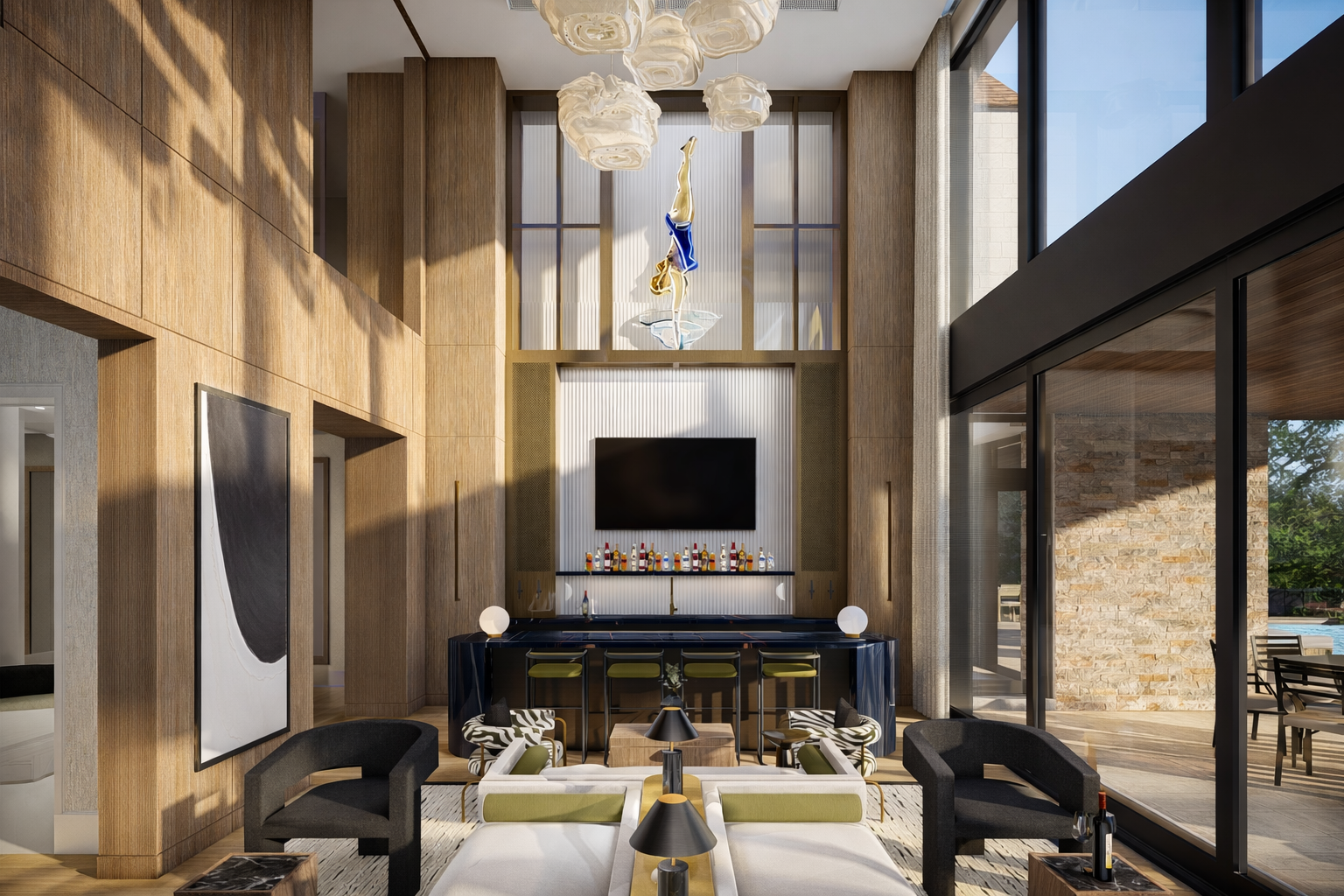 Modern living room with high ceiling, large windows, and a bar area with bottles. Decor includes abstract art, zebra-patterned chairs, and layered pendant ceiling lights.