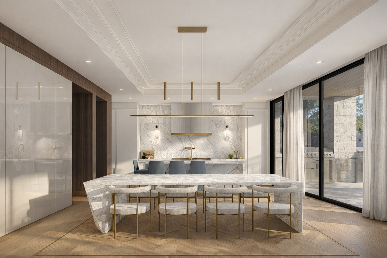 Modern kitchen and dining area with a large marble island, six cushioned chairs, a marble backsplash, blue chairs at the counter, large glass doors, and natural light.