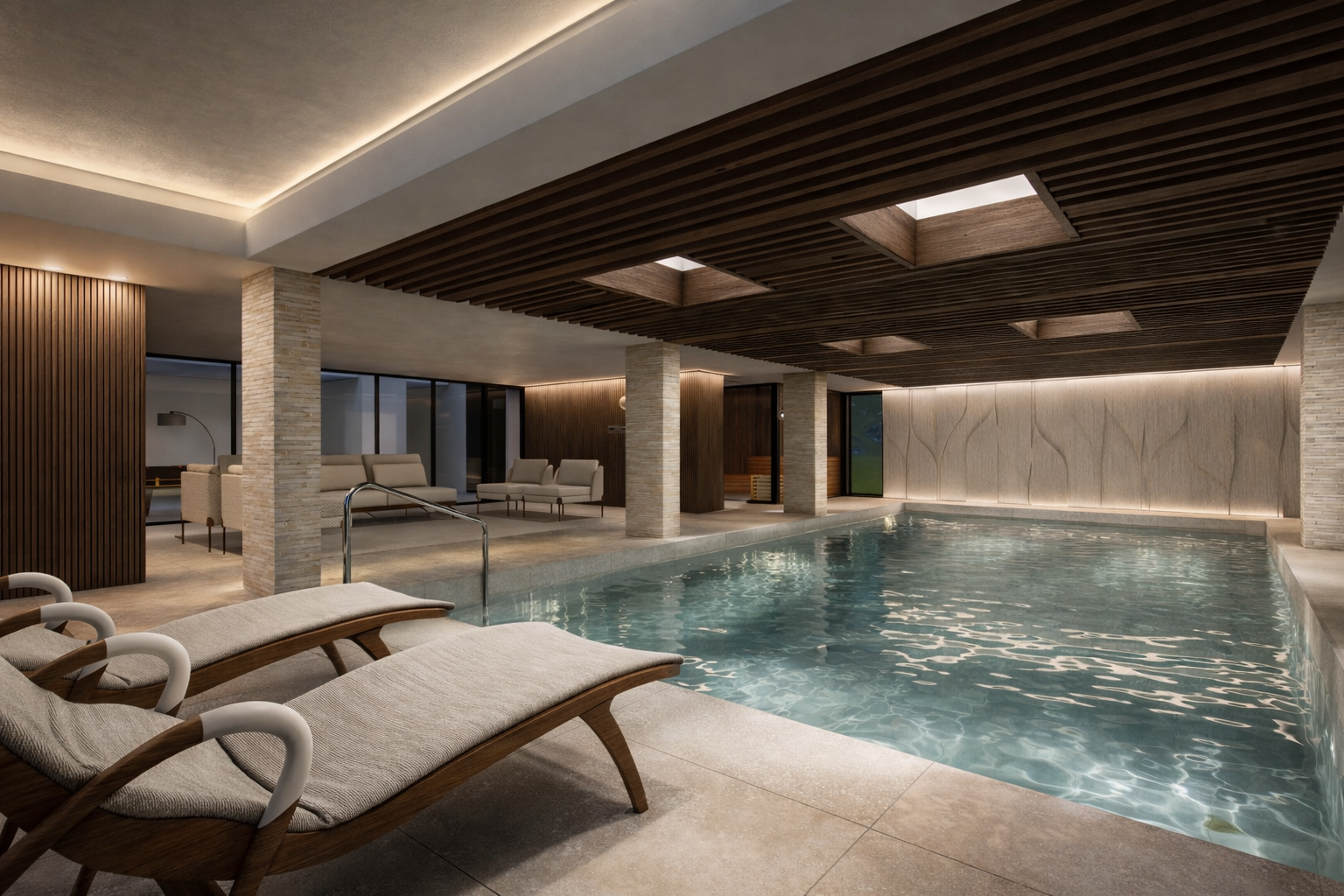 Mississauga Indoor luxury swimming pool area  with lounge chairs, wooden ceiling, stone walls, and modern decor.