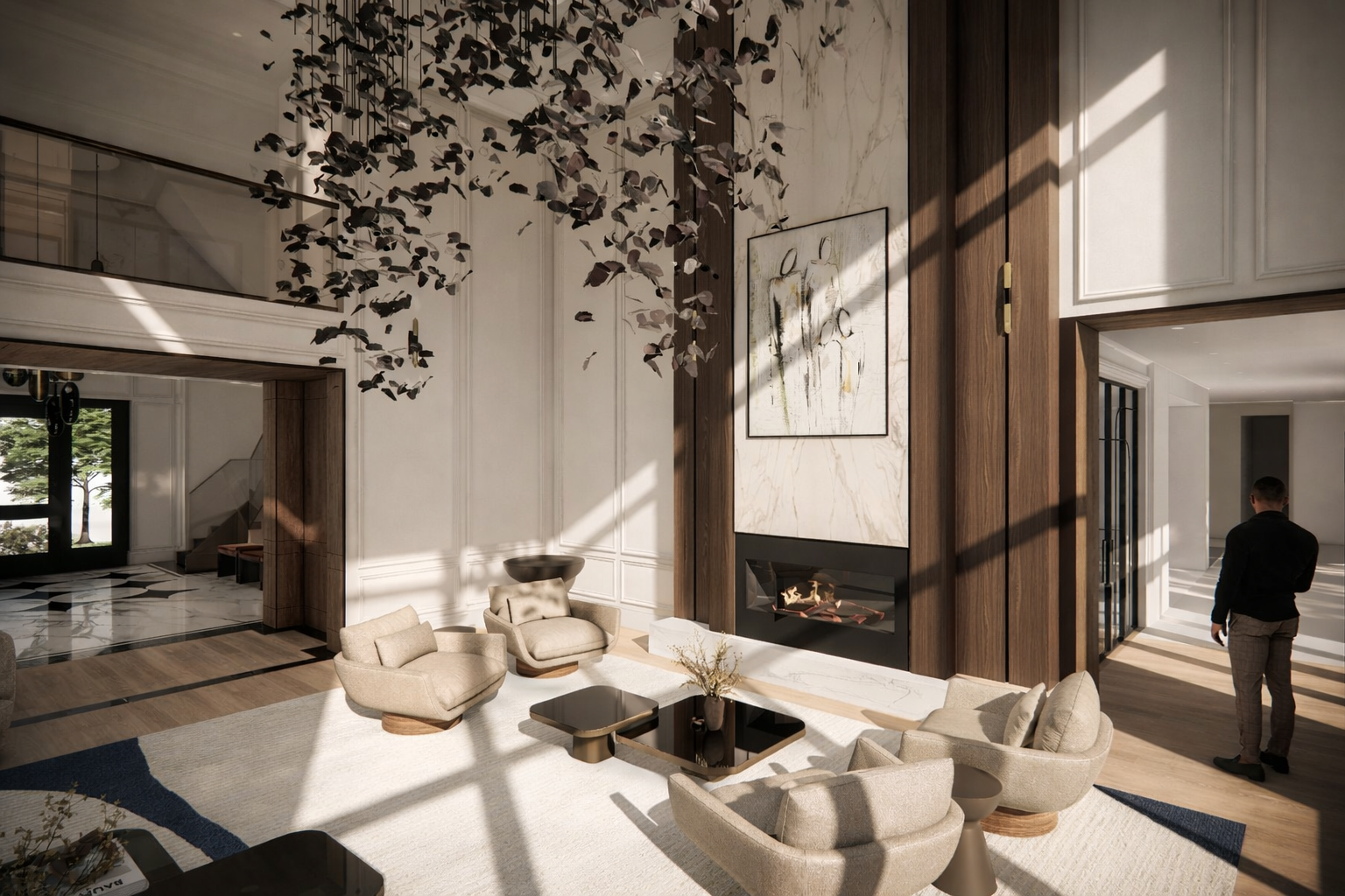 Modern living room with a beige sofa set, a central black coffee table, a white area rug, a wall-mounted fireplace, artwork above the fireplace, and sunlight streaming through large windows creating shadows.