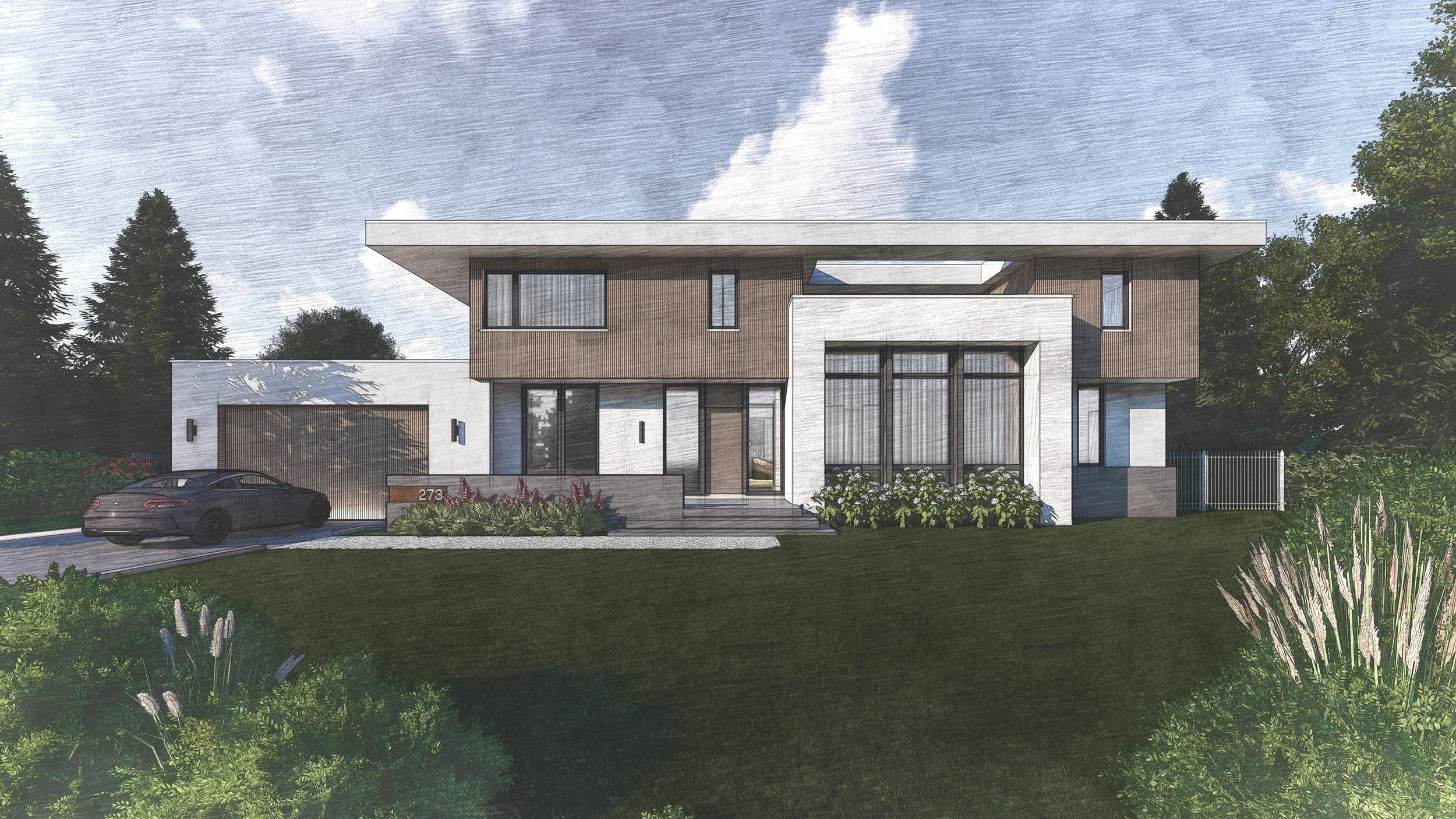 A modern two-story house with a flat roof, large windows, and a garage with a car parked outside. The house has a combination of white and wooden exterior finishes, with landscaping including bushes and grass in the front yard.