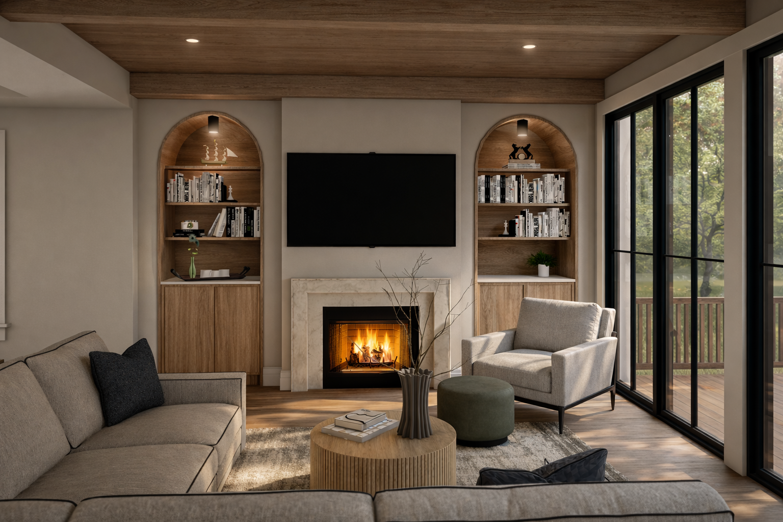 Living room with a fireplace, wall-mounted TV, beige sofa, armchair, round wooden coffee table with books and a vase, built-in bookshelves, large windows with sliding glass doors leading to an outdoor deck, and wood or faux wood ceiling.