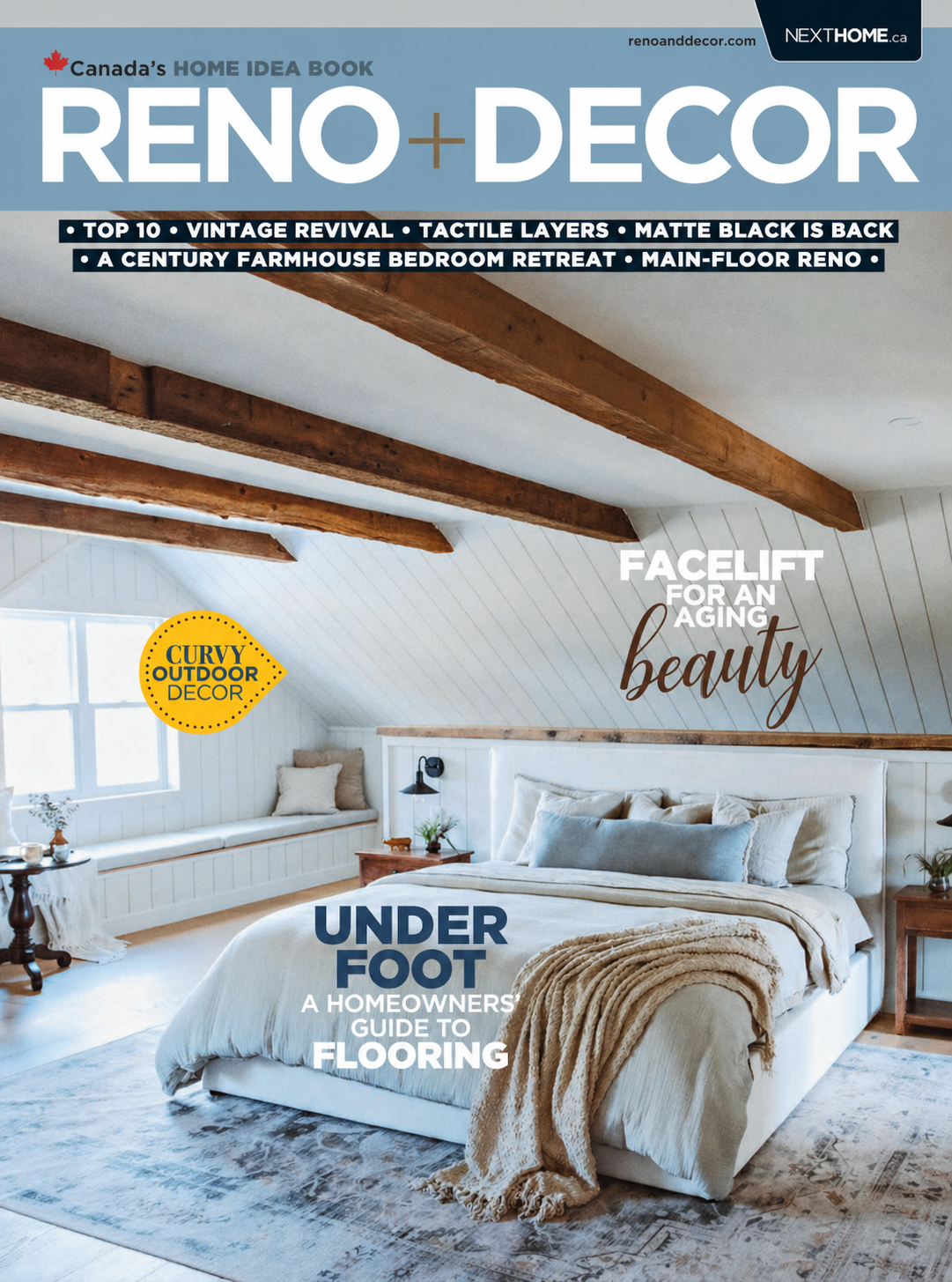 Magazine cover of 'Reno & Decor' featuring a cozy bedroom with white walls, wooden ceiling beams, a large bed with white and grey bedding, side tables, and window seat, with text about home renovation and flooring.