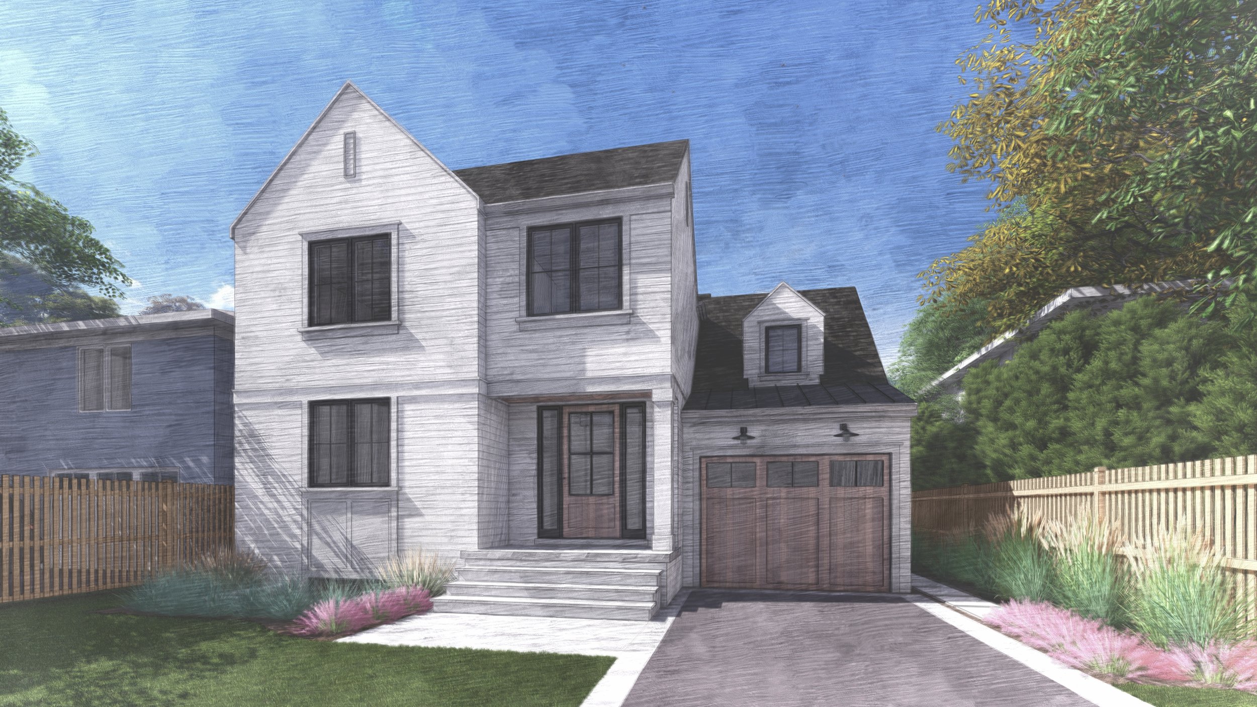 A modern two-story white house with black window frames, wooden front door, and attached garage, surrounded by a well-maintained lawn, pink and green landscaping, and wooden fencing, under a bright blue sky.