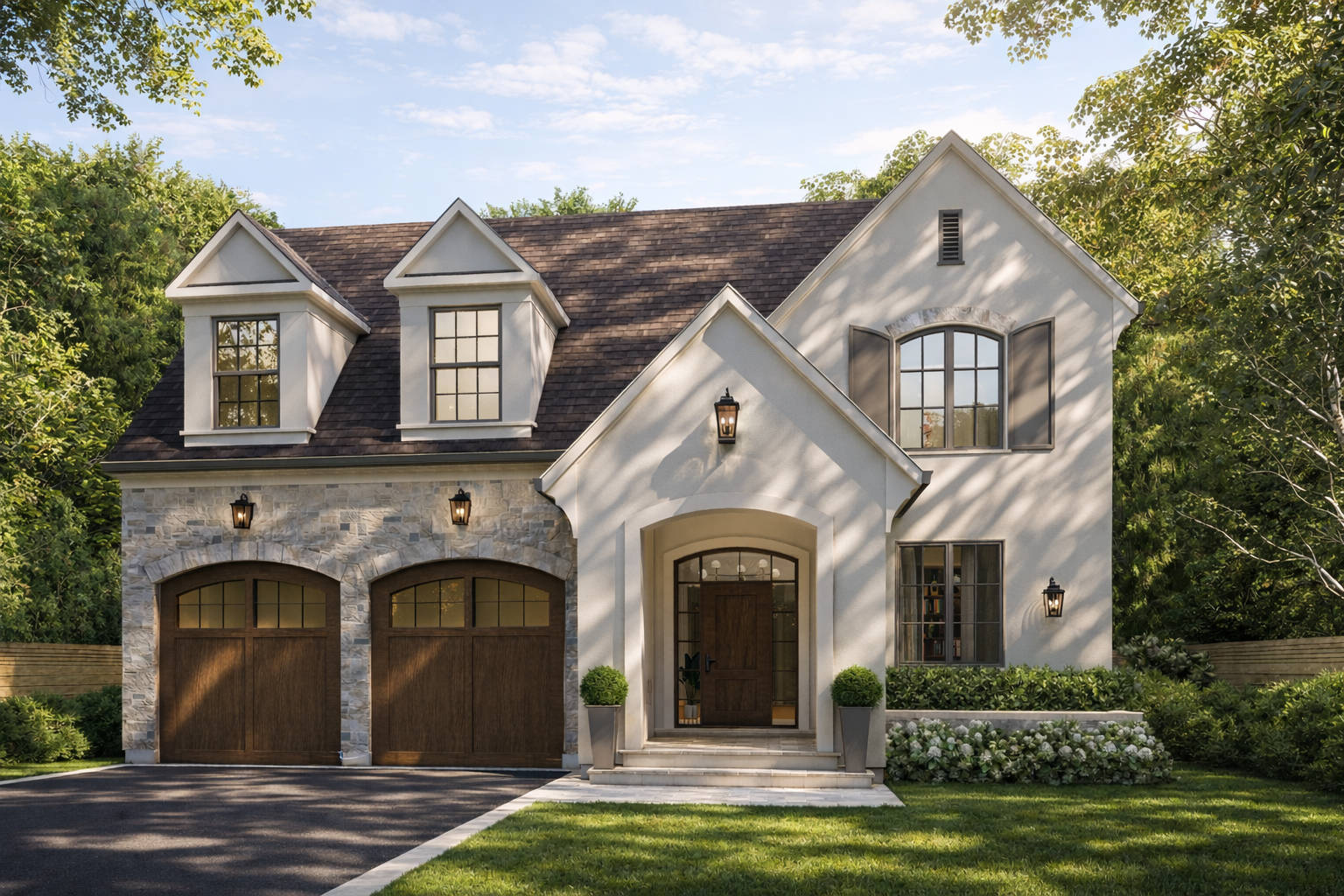 Front view of a two-story house with a stone and white exterior, featuring a double garage and a prominent front entryway with steps and two potted plants.