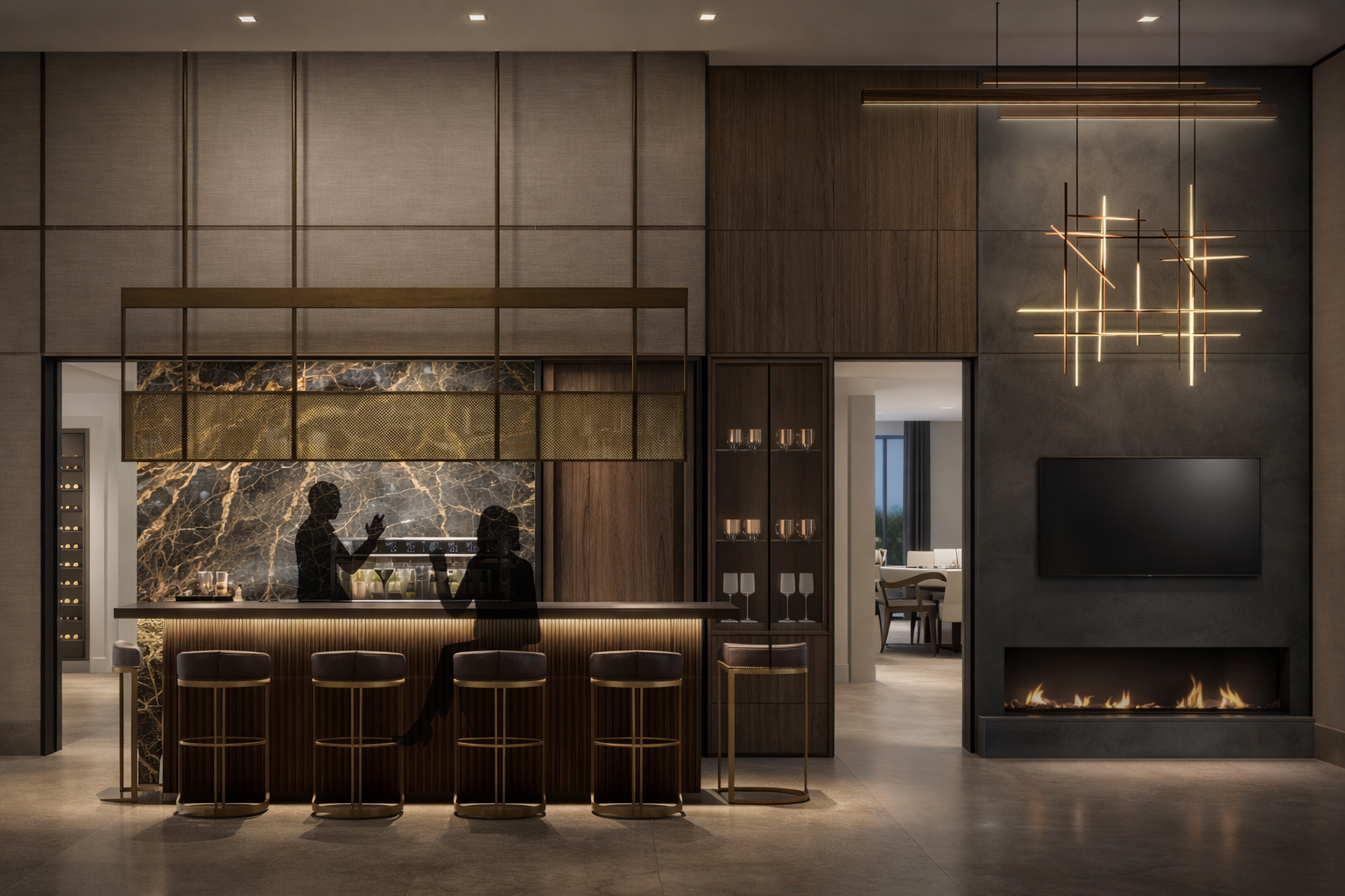 Modern interior with a bar area, silhouette of two people talking behind the bar, marble backsplash, wooden accents, decorative lighting, and a view of a dining room in the background.