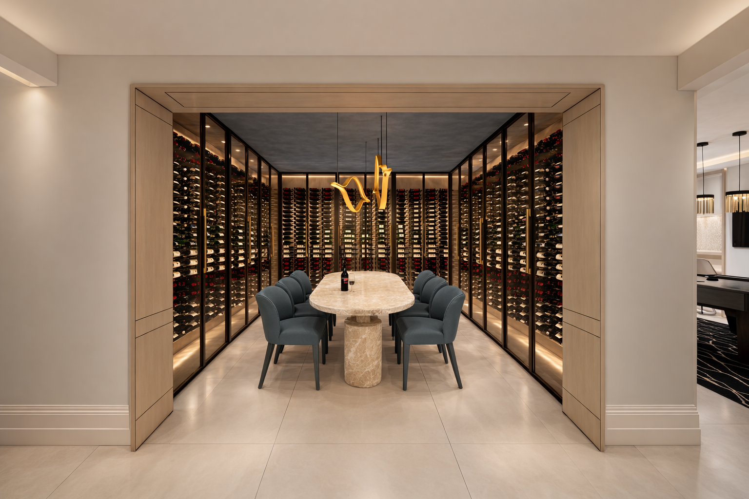Modern wine cellar with floor-to-ceiling wine racks, a marble dining table, and eight blue upholstered chairs, illuminated by a contemporary gold chandelier.