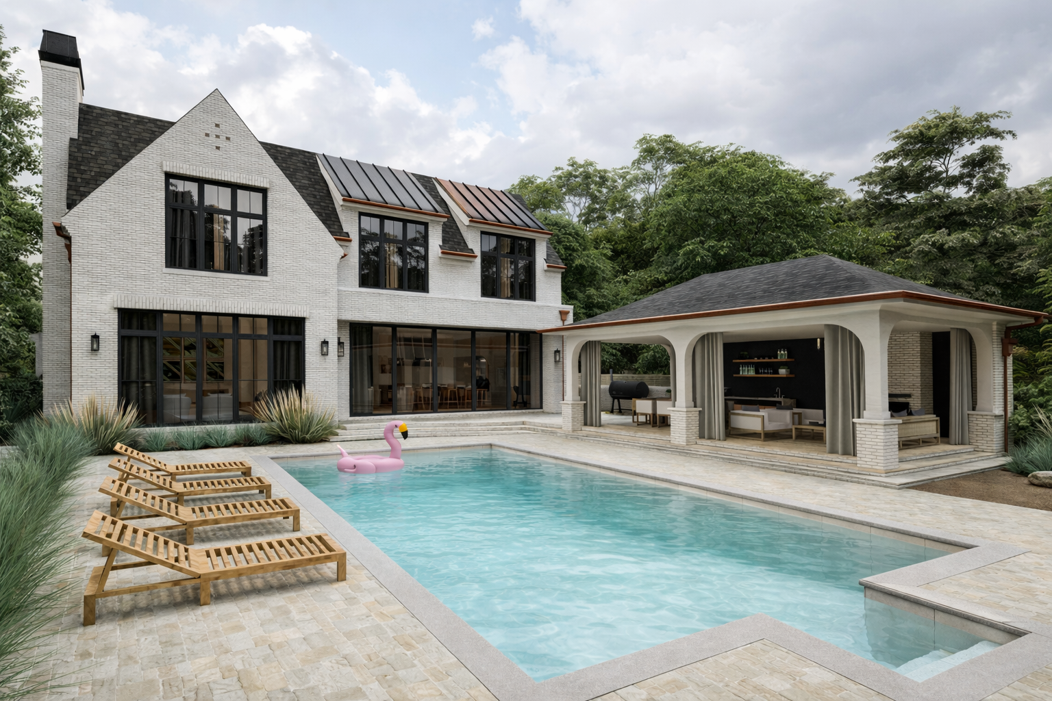 Luxury modern home with a pool, outdoor lounge area, and lush greenery.