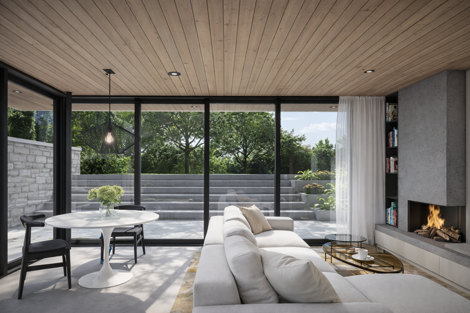 A modern living room with large glass windows overlooking a backyard with steps and greenery. It features a white sofa, black armchairs around a white round table with a flower vase, and a fireplace with stacking logs. There is a built-in bookshelf, a glass coffee table, and a pendant light.