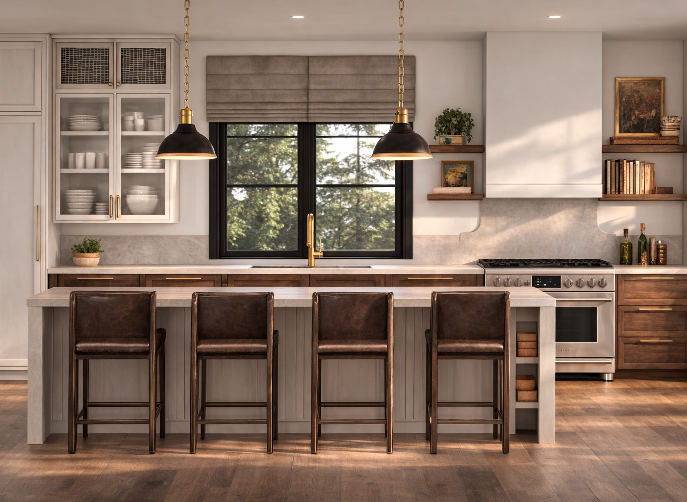 Modern kitchen with white cabinets, wooden shelves, black-framed window, beige Roman shade, black pendant lights, brown leather chairs at a white kitchen island, gray backsplash, stainless steel stove, and decorative items on shelves.