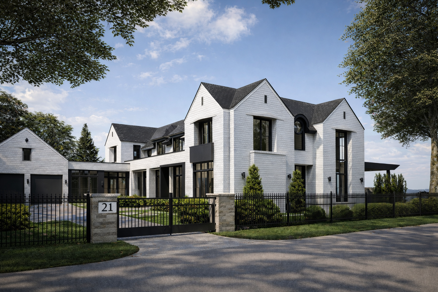 Modern white brick house with black accents, tall windows, surrounded by a black fence, with a landscaped front yard and trees, under a partly cloudy sky.