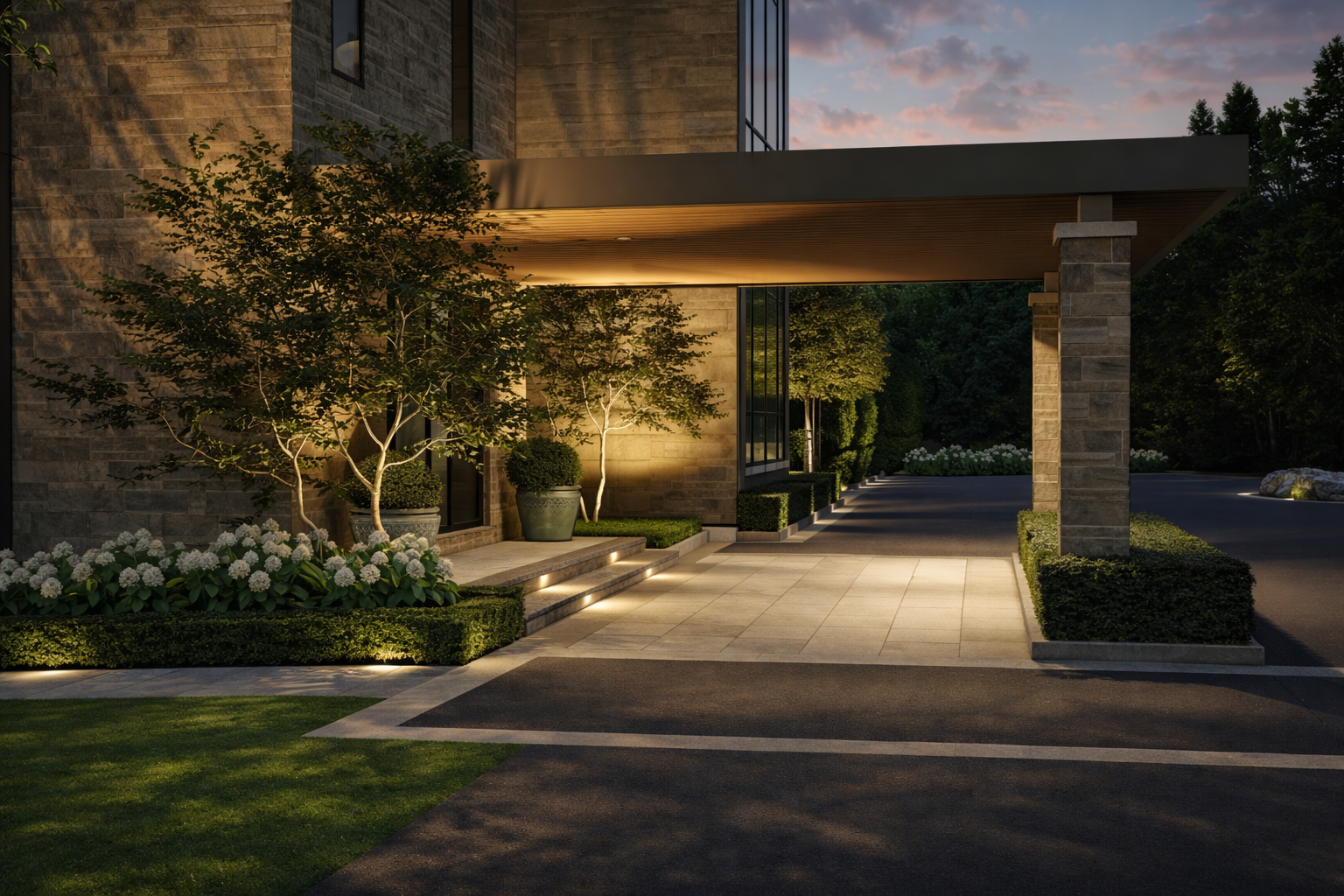 Modern house exterior illuminated at dusk, featuring a covered entrance with stone columns, landscaped garden with potted trees, and pathway with embedded ground lights.