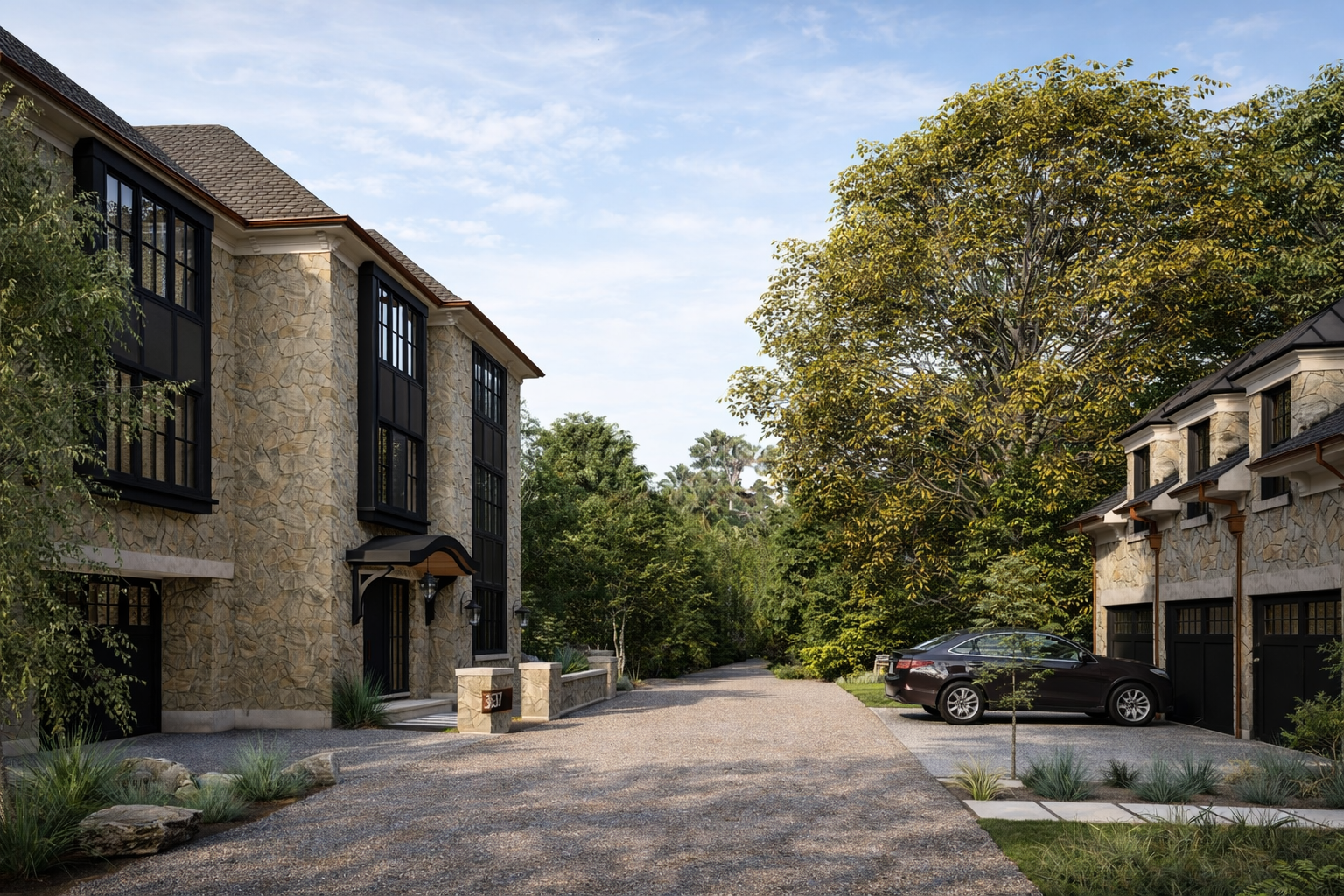 View of modern stone houses with black accents, a gravel driveway, parked car, and lush green trees under a blue sky.