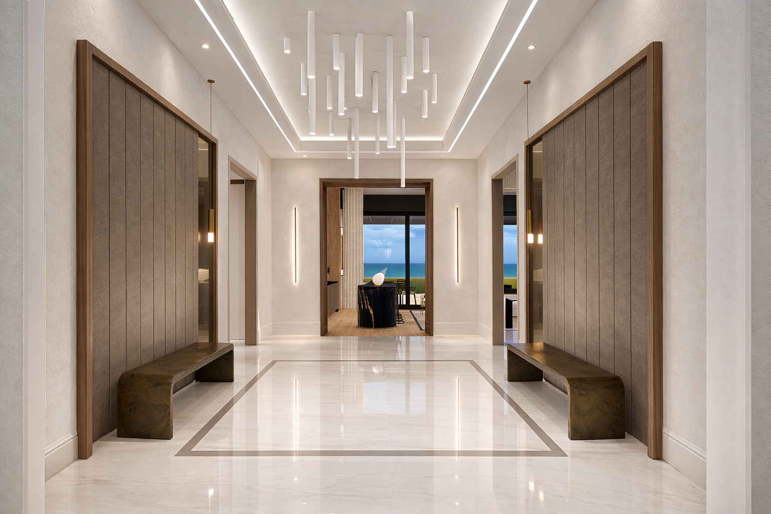 Modern hotel lobby with white marble floors, wooden panel accents, minimalistic benches, hanging pendant lights, and a view of the ocean through glass doors.