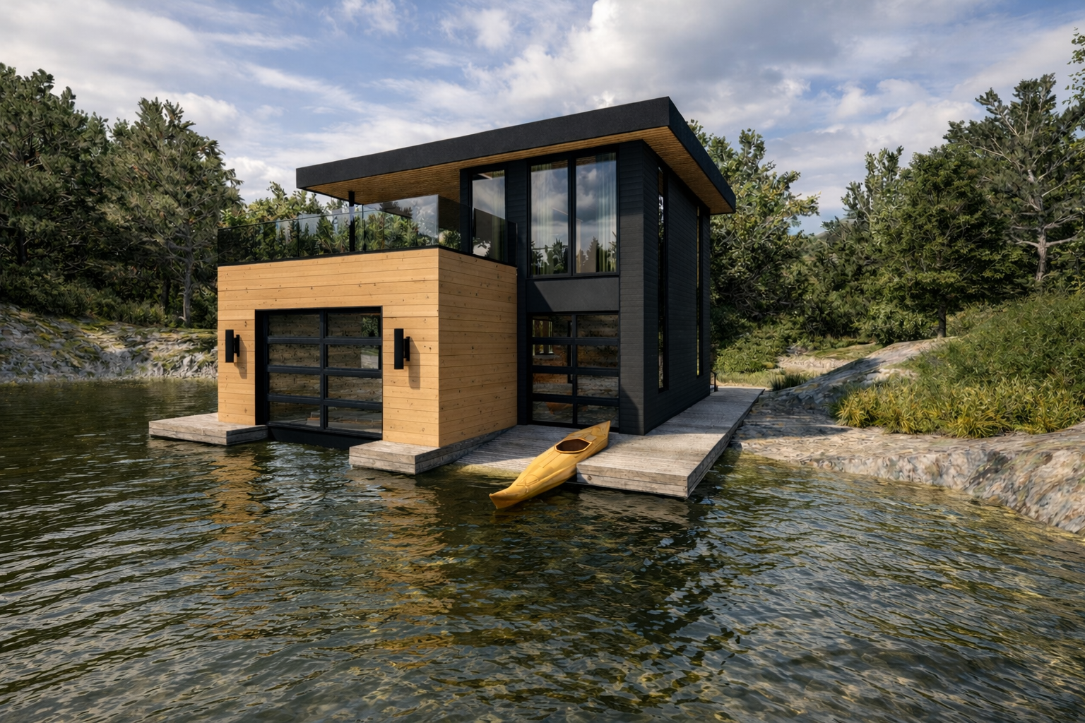Modern two-story house built on a dock over a body of water, with a kayak resting on the dock and surrounded by trees and rocky terrain.