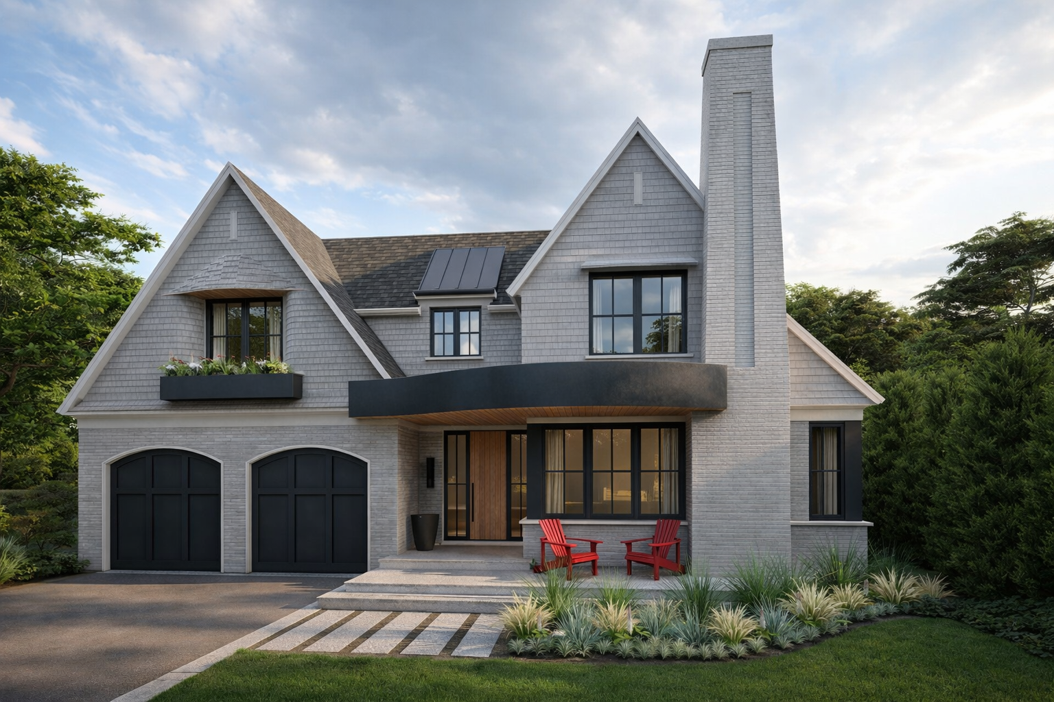 Modern two-story house with a gray exterior and black trim, featuring two garage doors, a front porch with two red chairs, and modern landscaping.