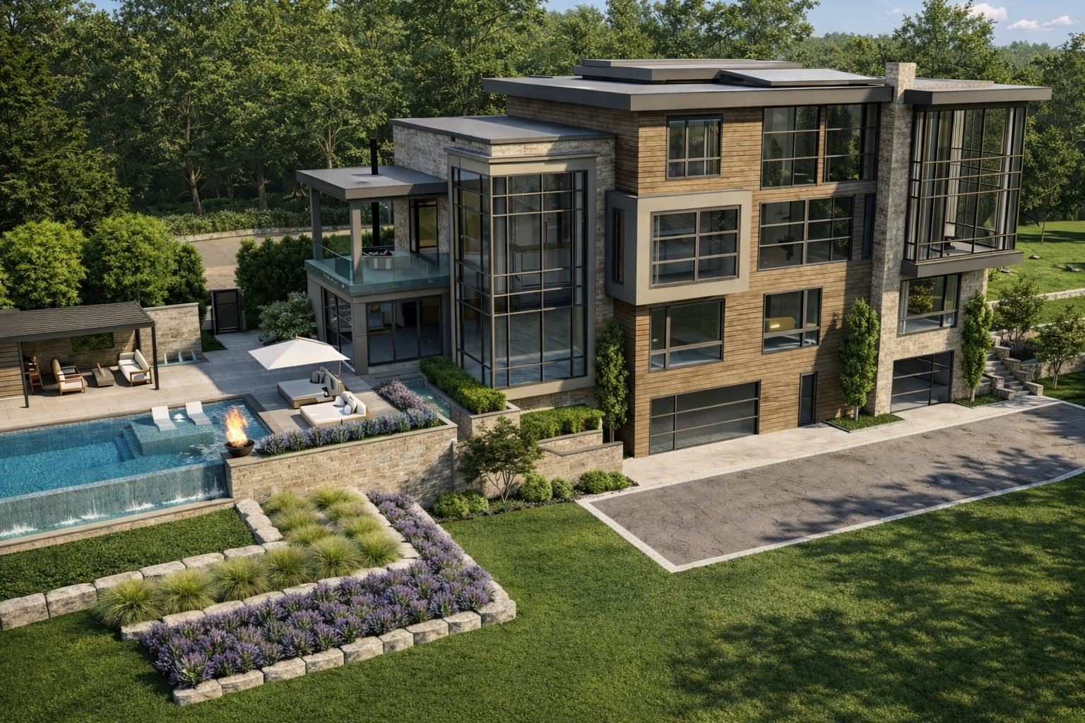 Modern multi-story house with large glass windows, outdoor pool, patio area with lounge chairs, umbrellas, and a fire feature, surrounded by landscaped gardens and trees.
